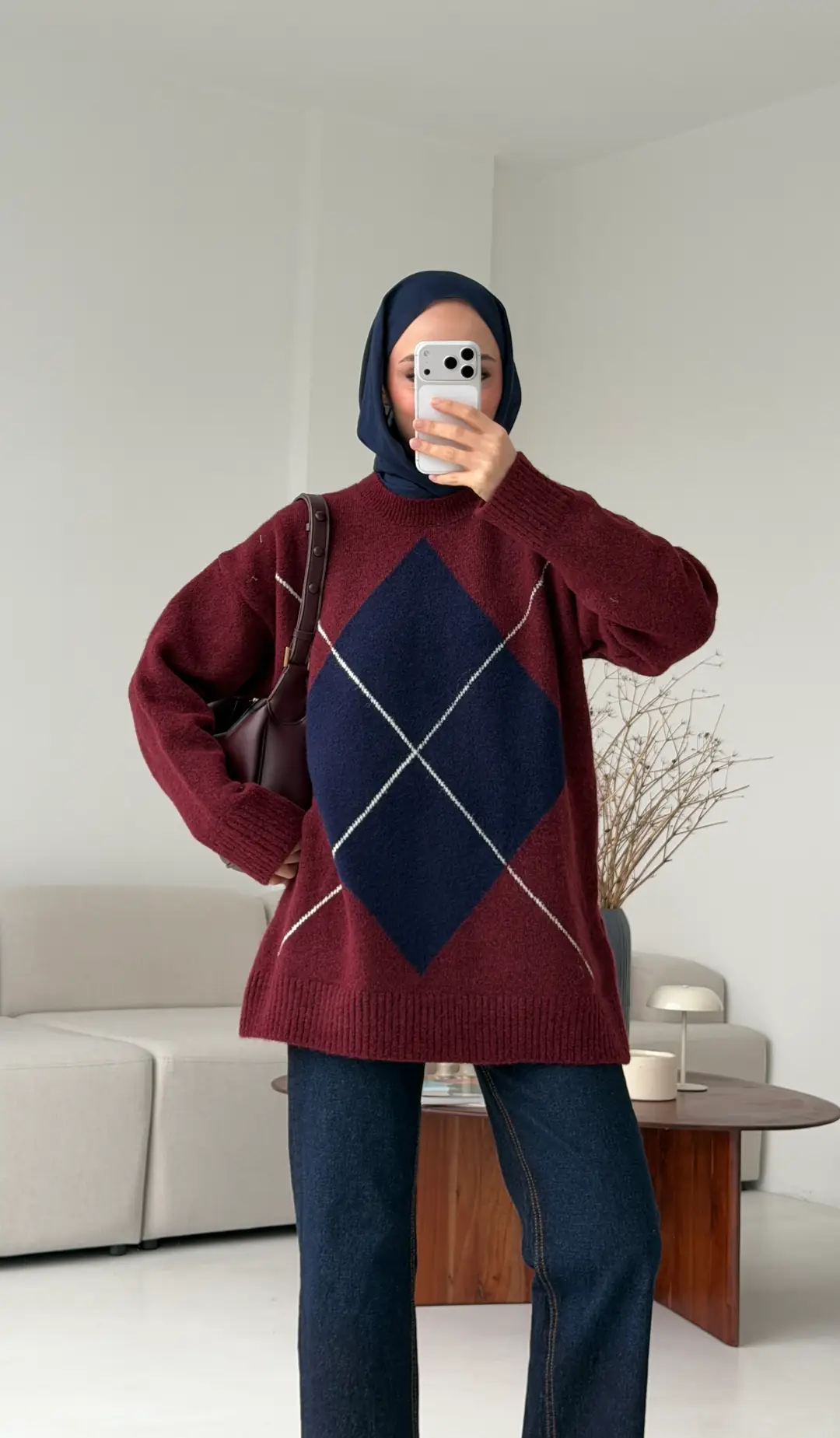 Önü Desenli Kazak Bordo