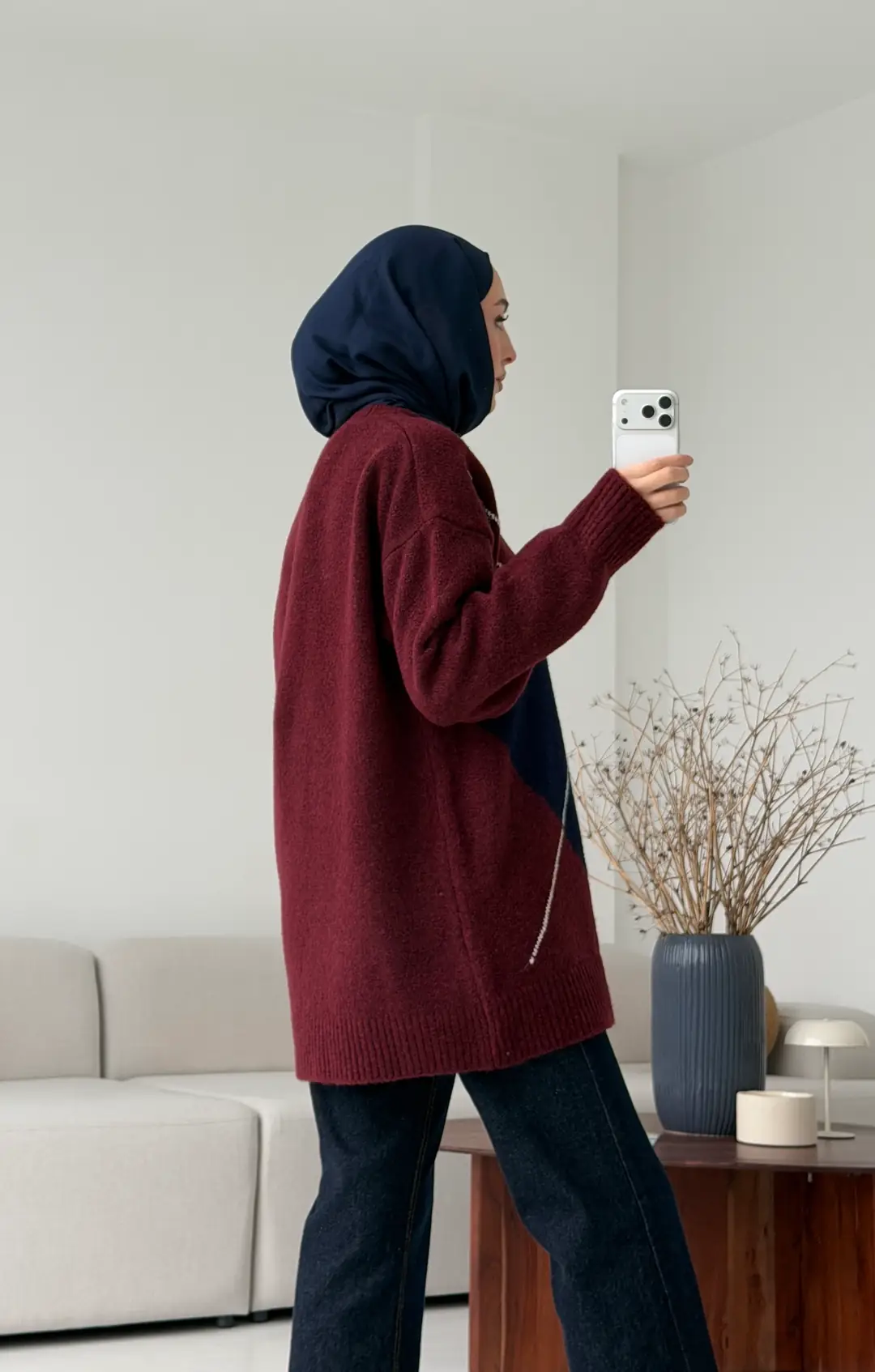 Önü Desenli Kazak Bordo - Görsel 3