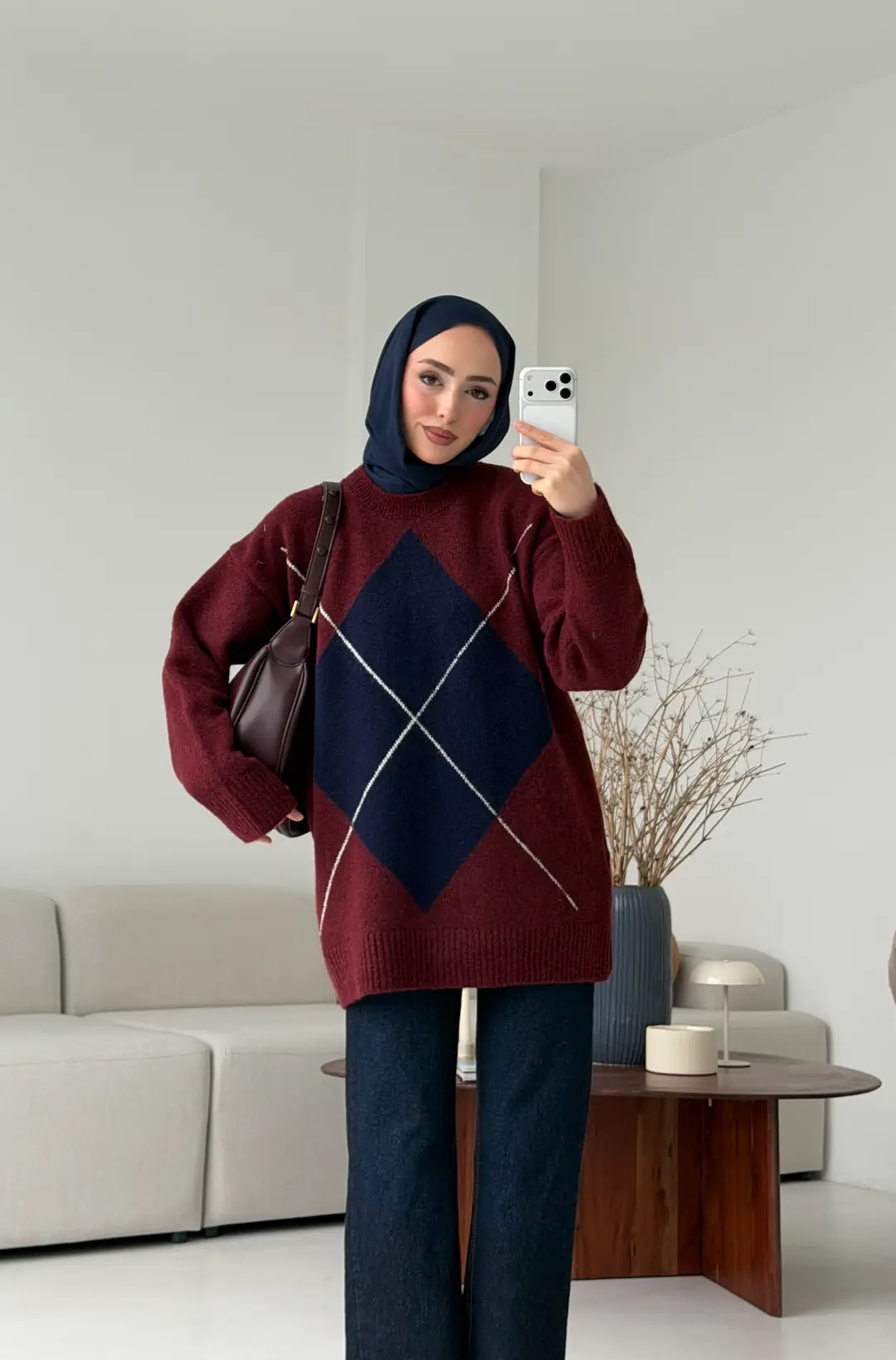 Önü Desenli Kazak Bordo - Görsel 5