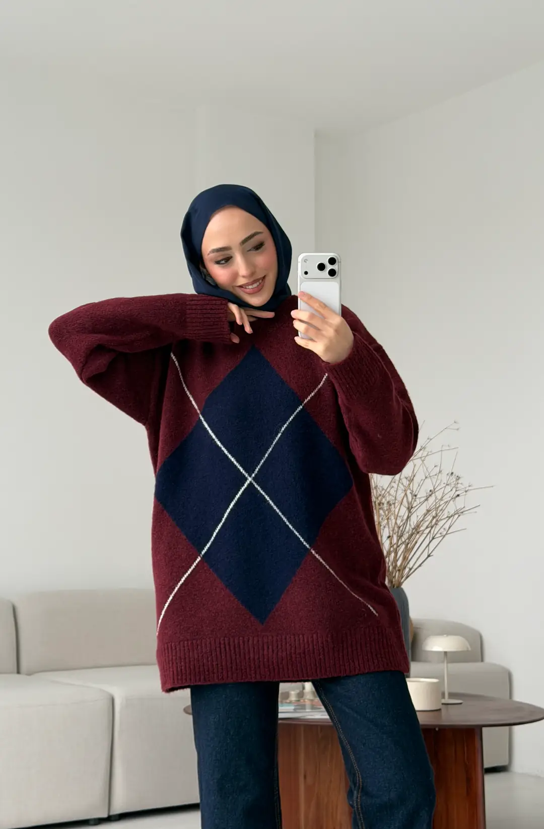 Önü Desenli Kazak Bordo - Görsel 6