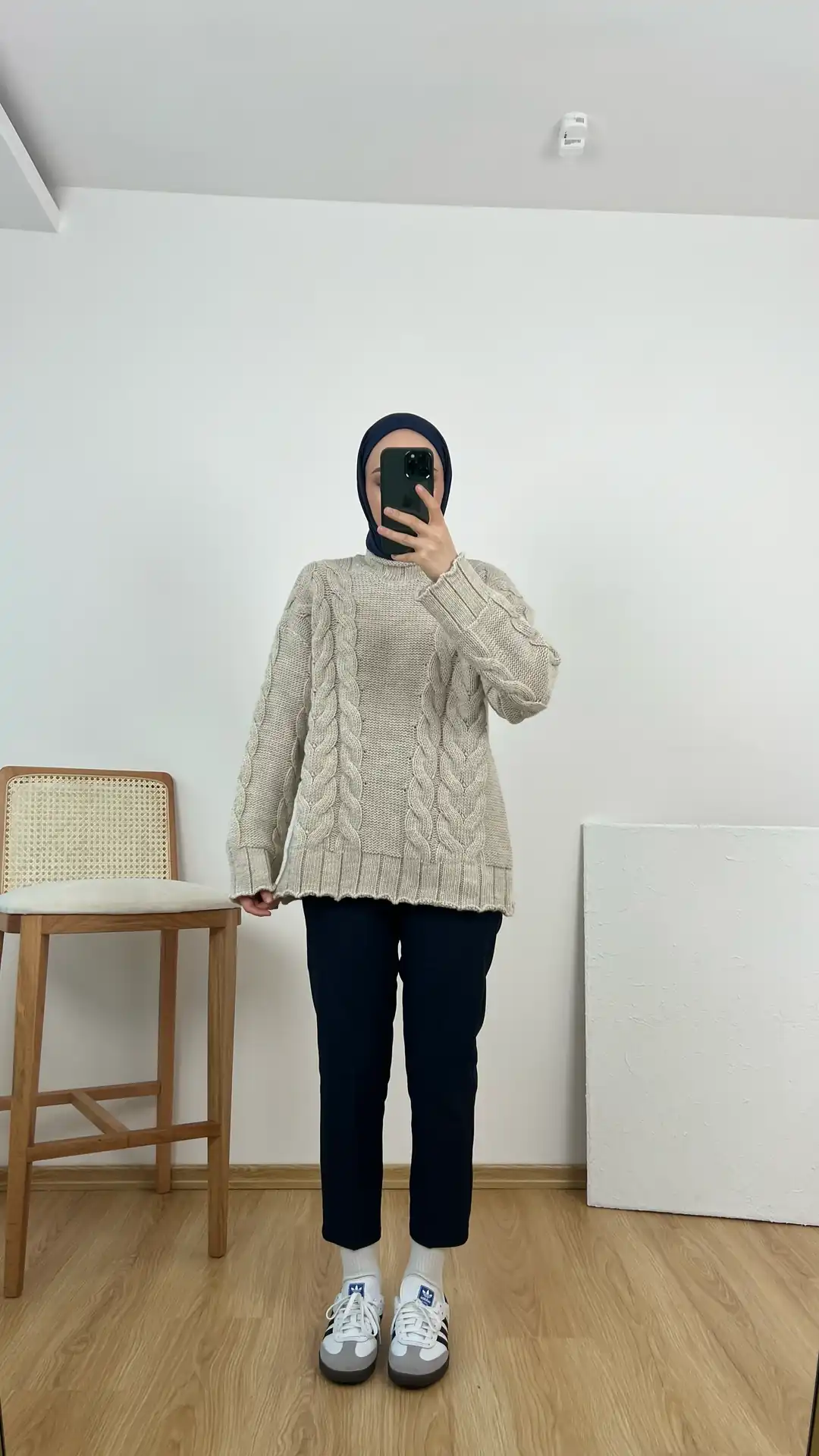 Örgü Detay Kalın Kazak Bej