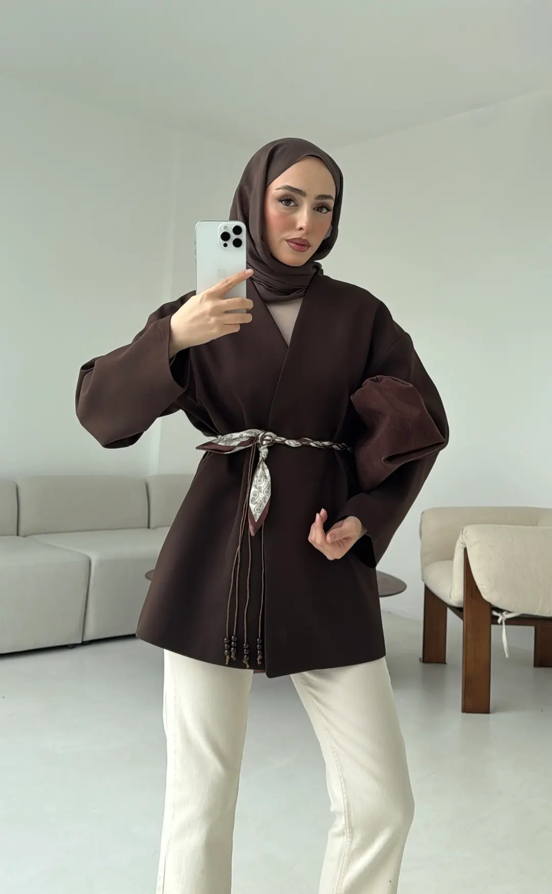 Örgü Kemer Detay Ceket Kahve - Görsel 3