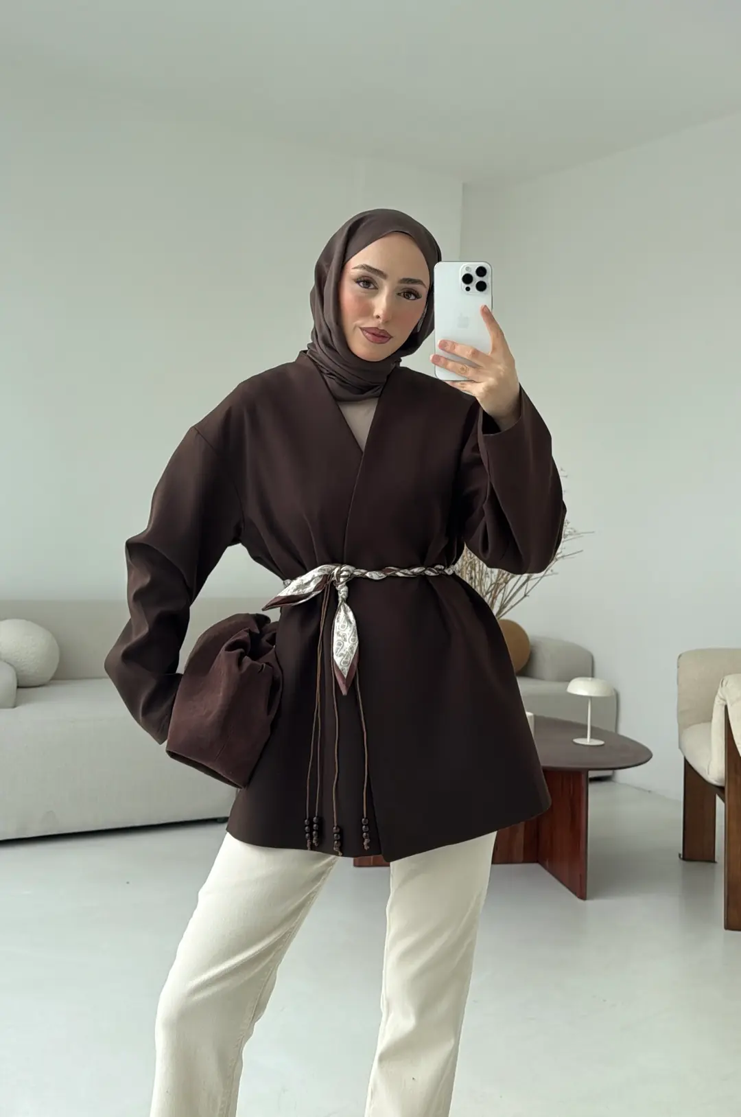 Örgü Kemer Detay Ceket Kahve - Görsel 4