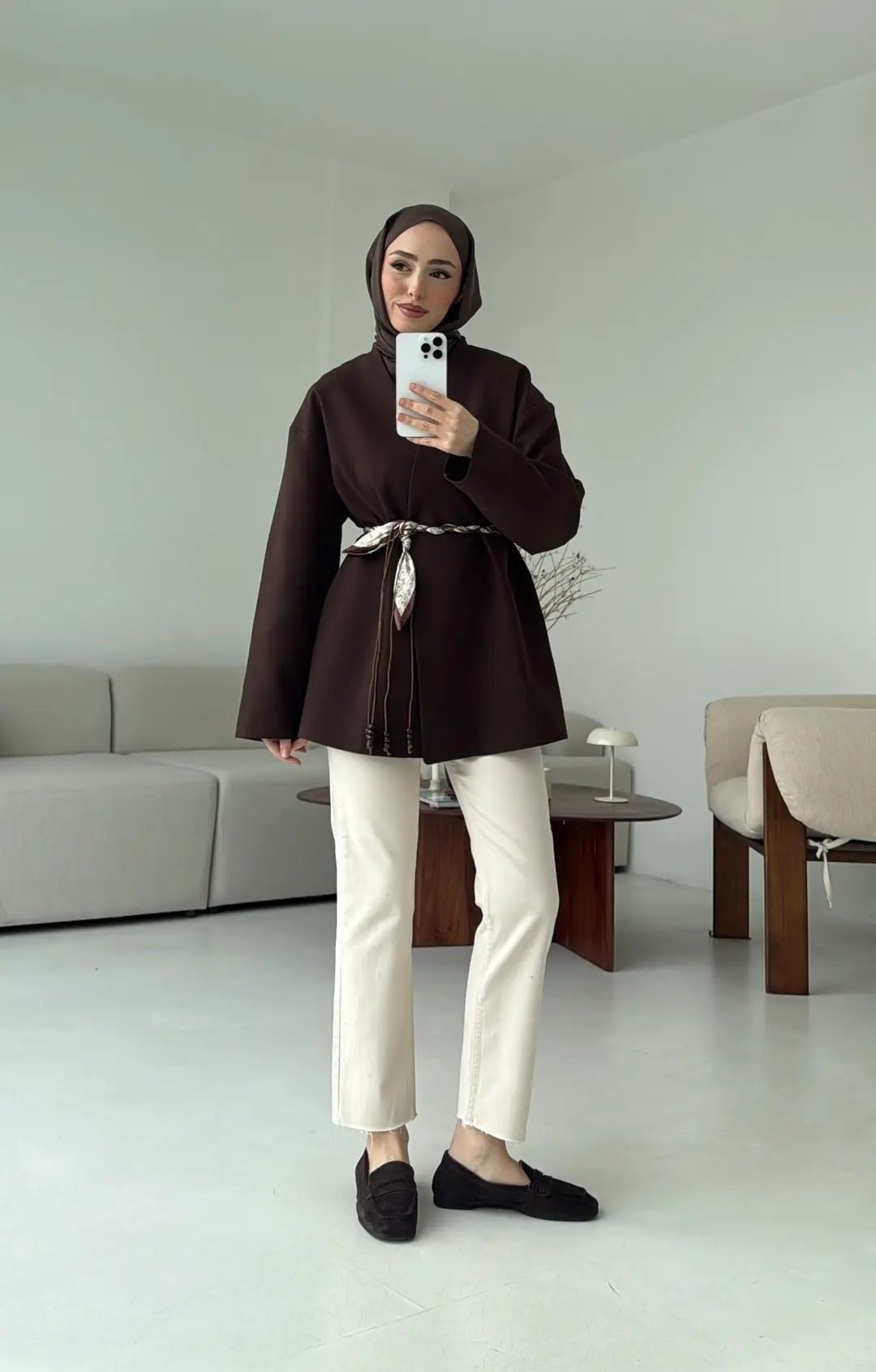 Örgü Kemer Detay Ceket Kahve - Görsel 5