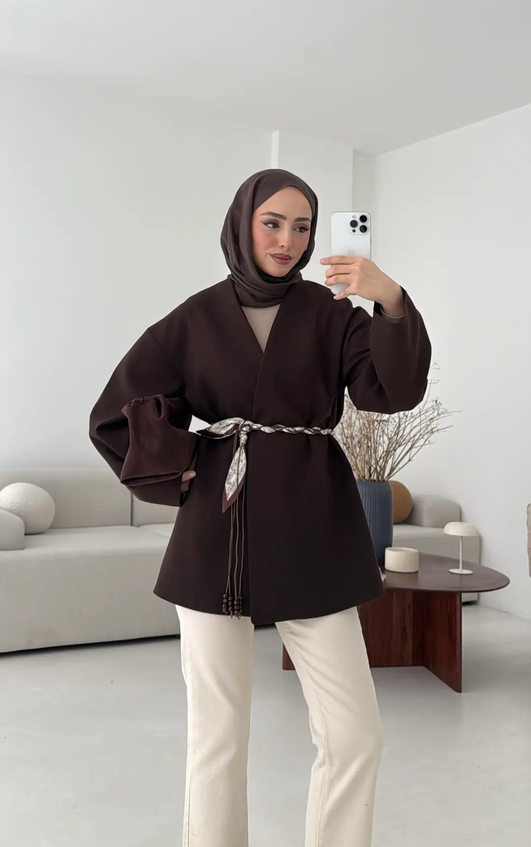 Örgü Kemer Detay Ceket Kahve - Görsel 6