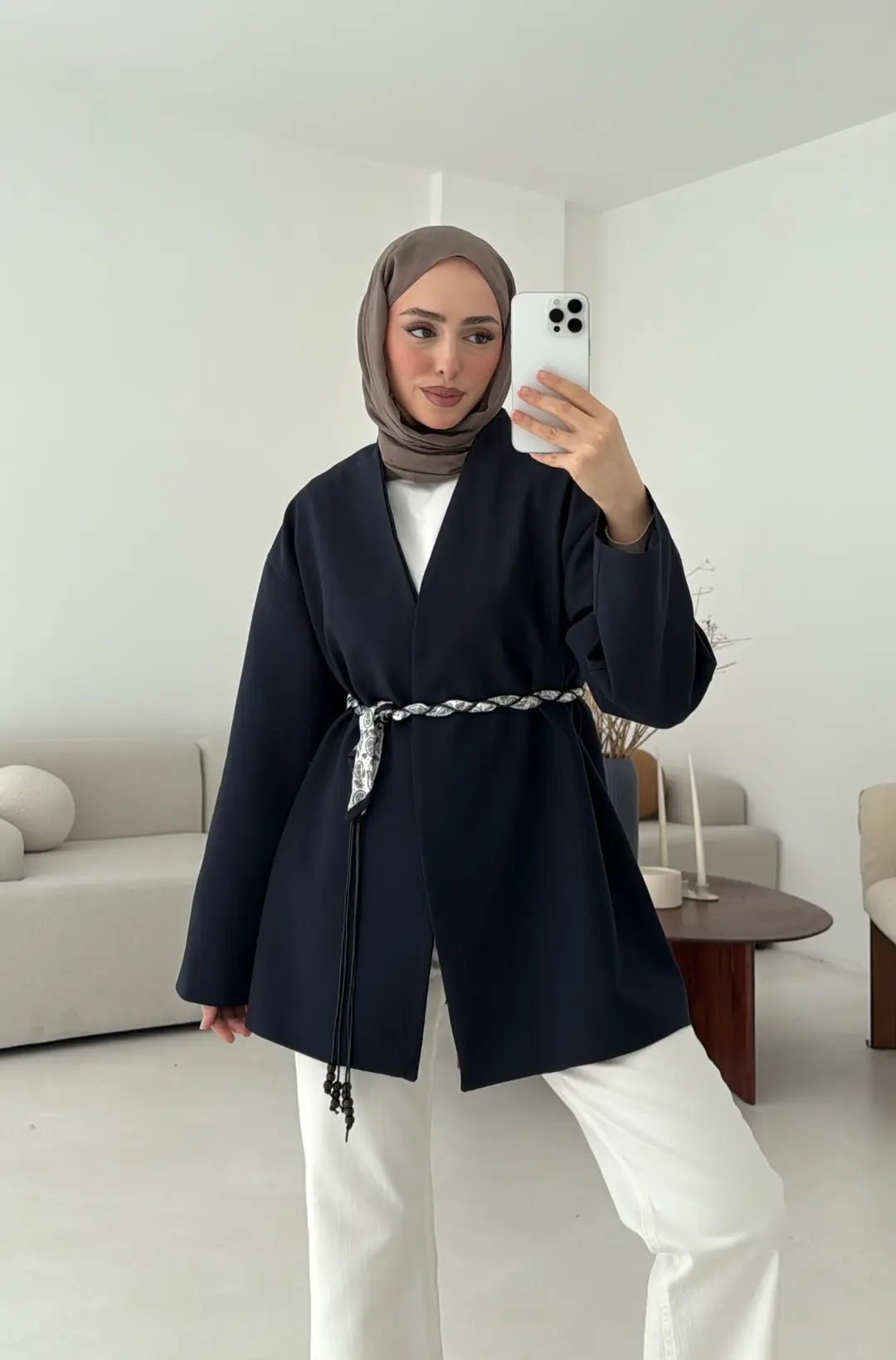 Örgü Kemer Detay Ceket Lacivert