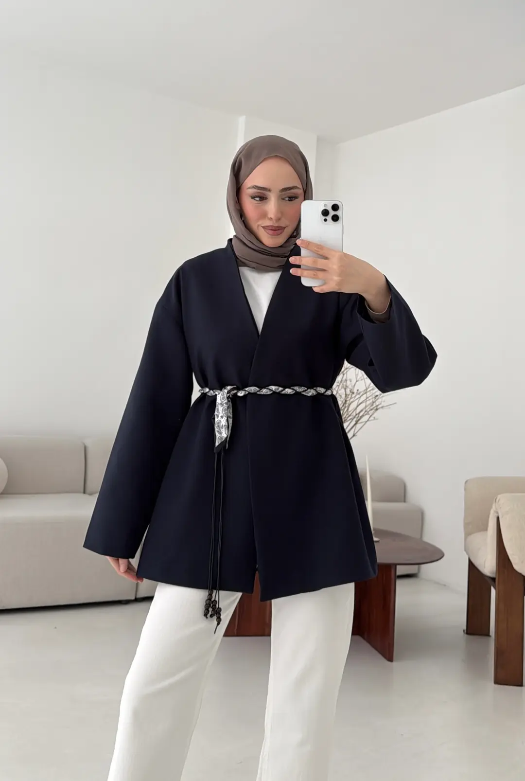 Örgü Kemer Detay Ceket Lacivert - Görsel 4