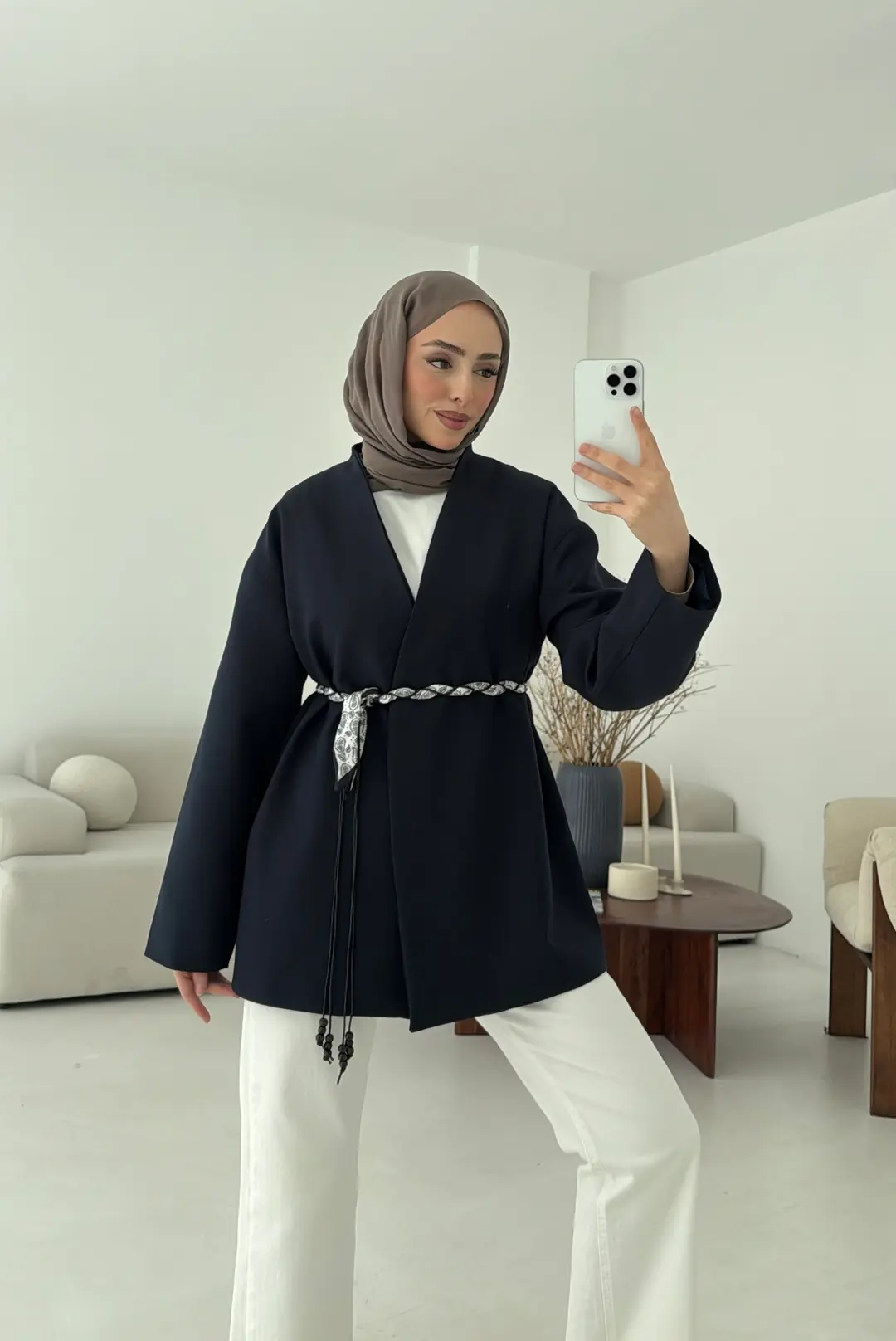 Örgü Kemer Detay Ceket Lacivert - Görsel 5