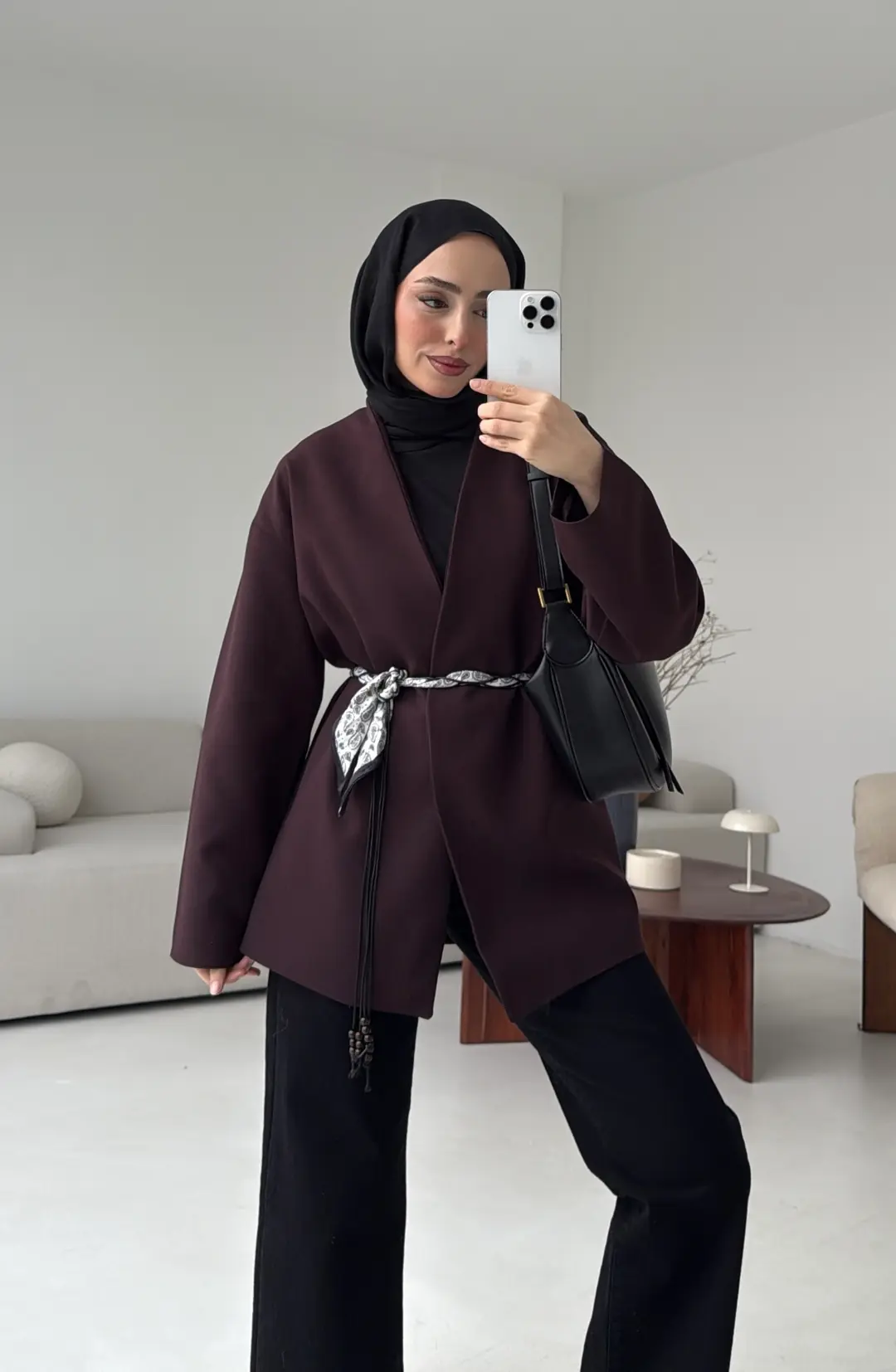 Örgü Kemer Detay Ceket Mürdüm