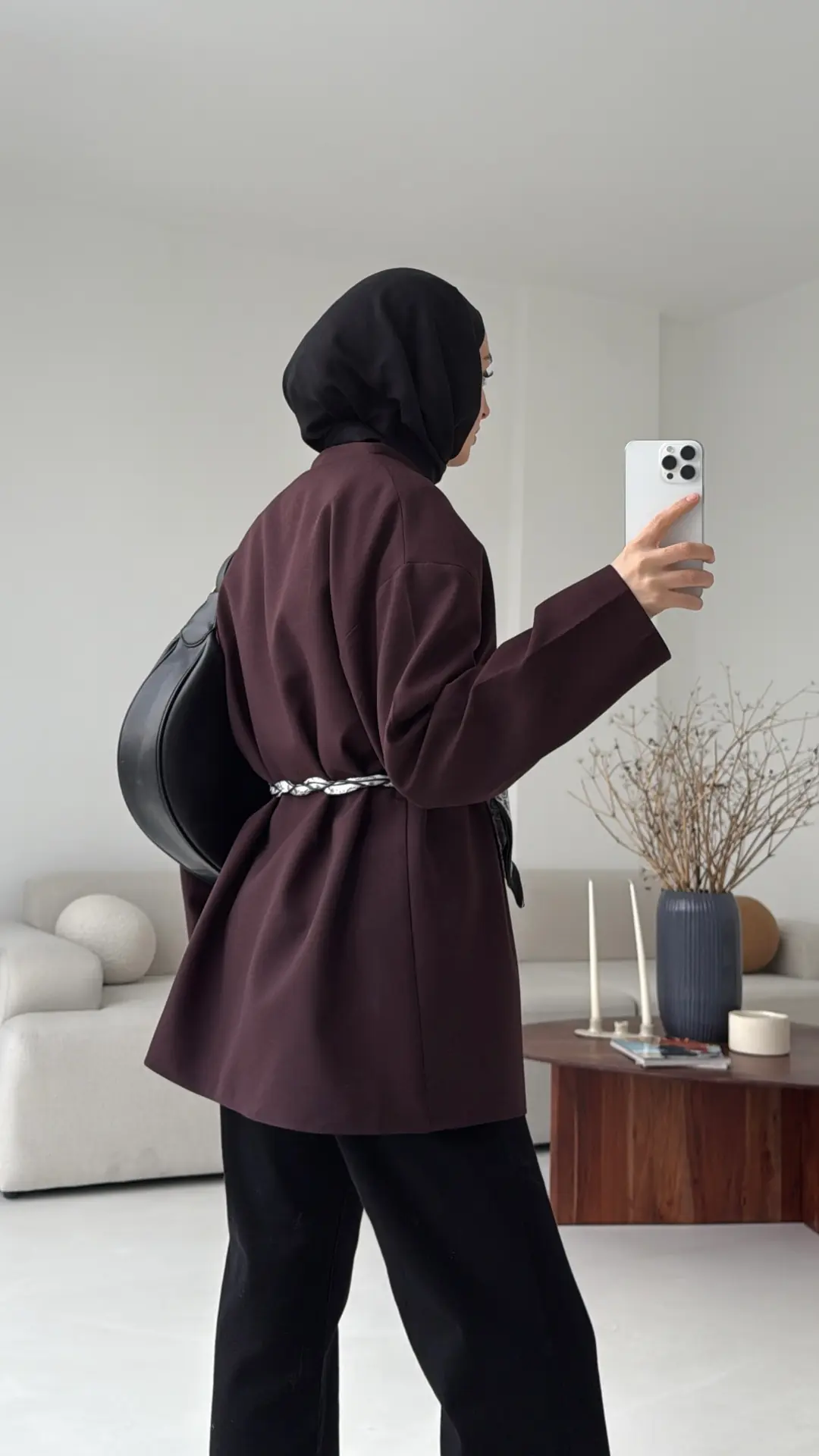 Örgü Kemer Detay Ceket Mürdüm - Görsel 2