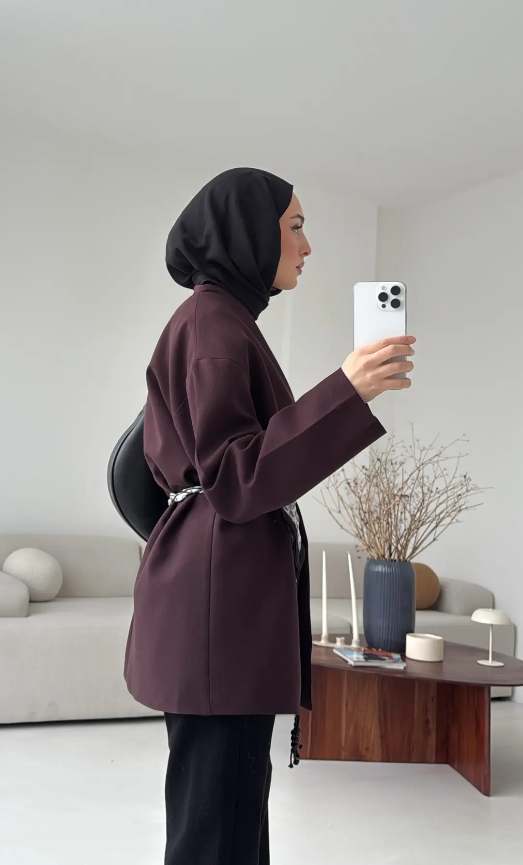 Örgü Kemer Detay Ceket Mürdüm - Görsel 4