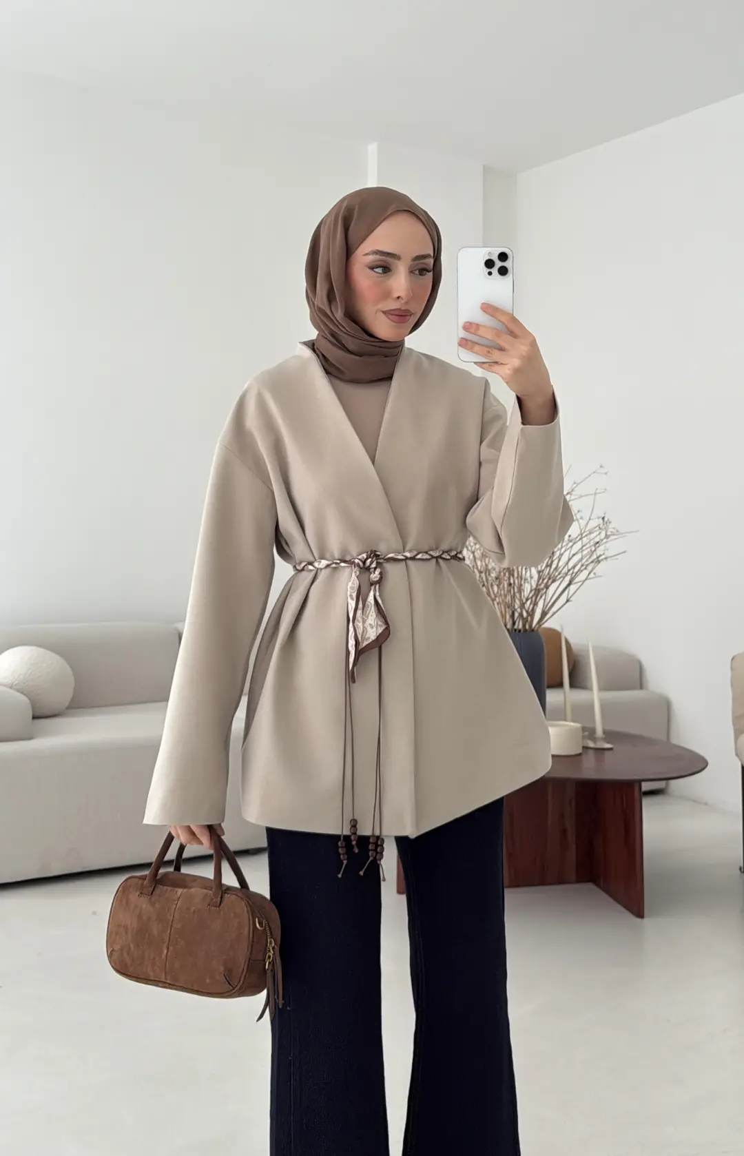 Örgü Kemer Detay Ceket Taş - Görsel 6