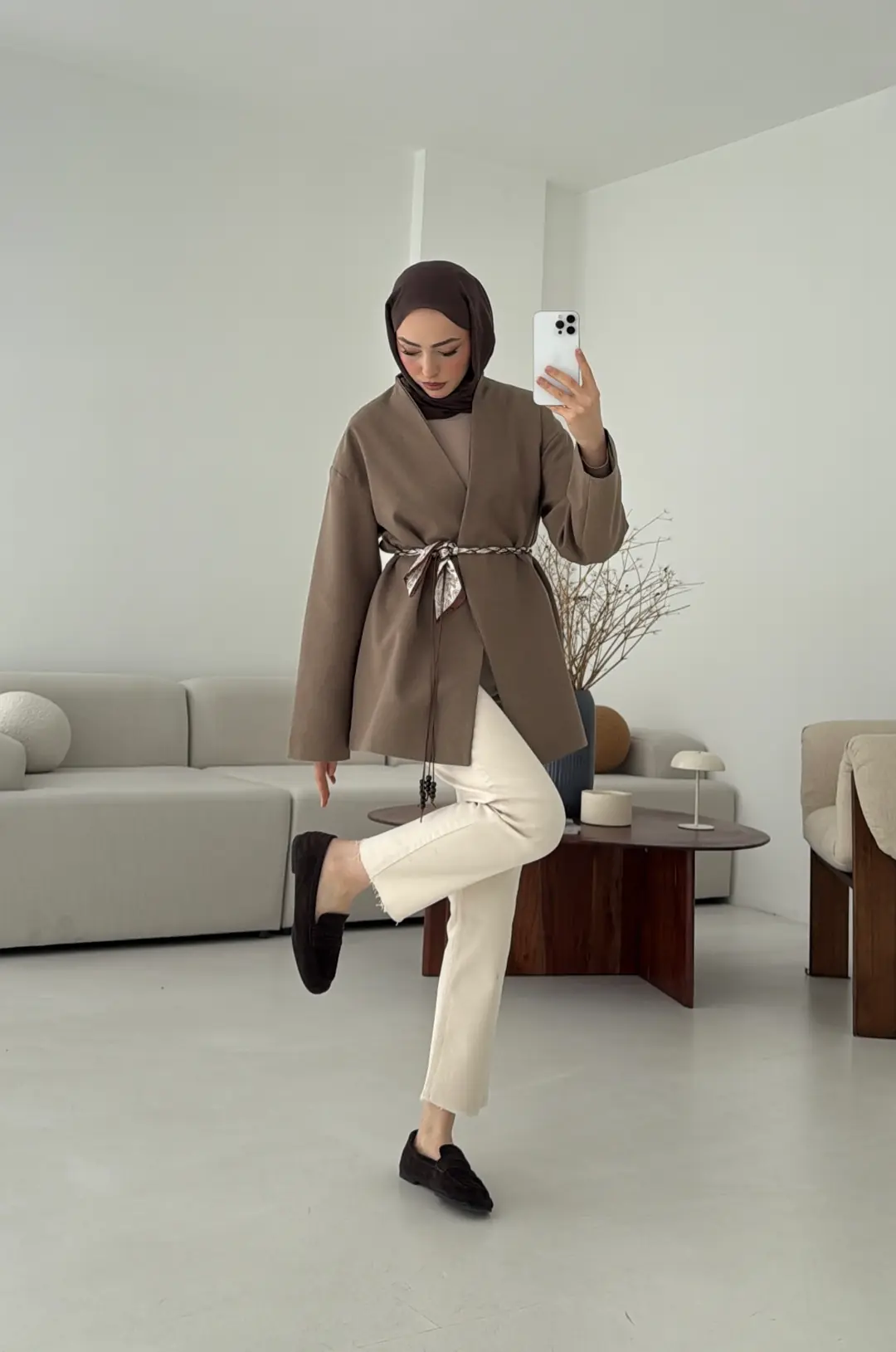 Örgü Kemer Detay Ceket Vizon