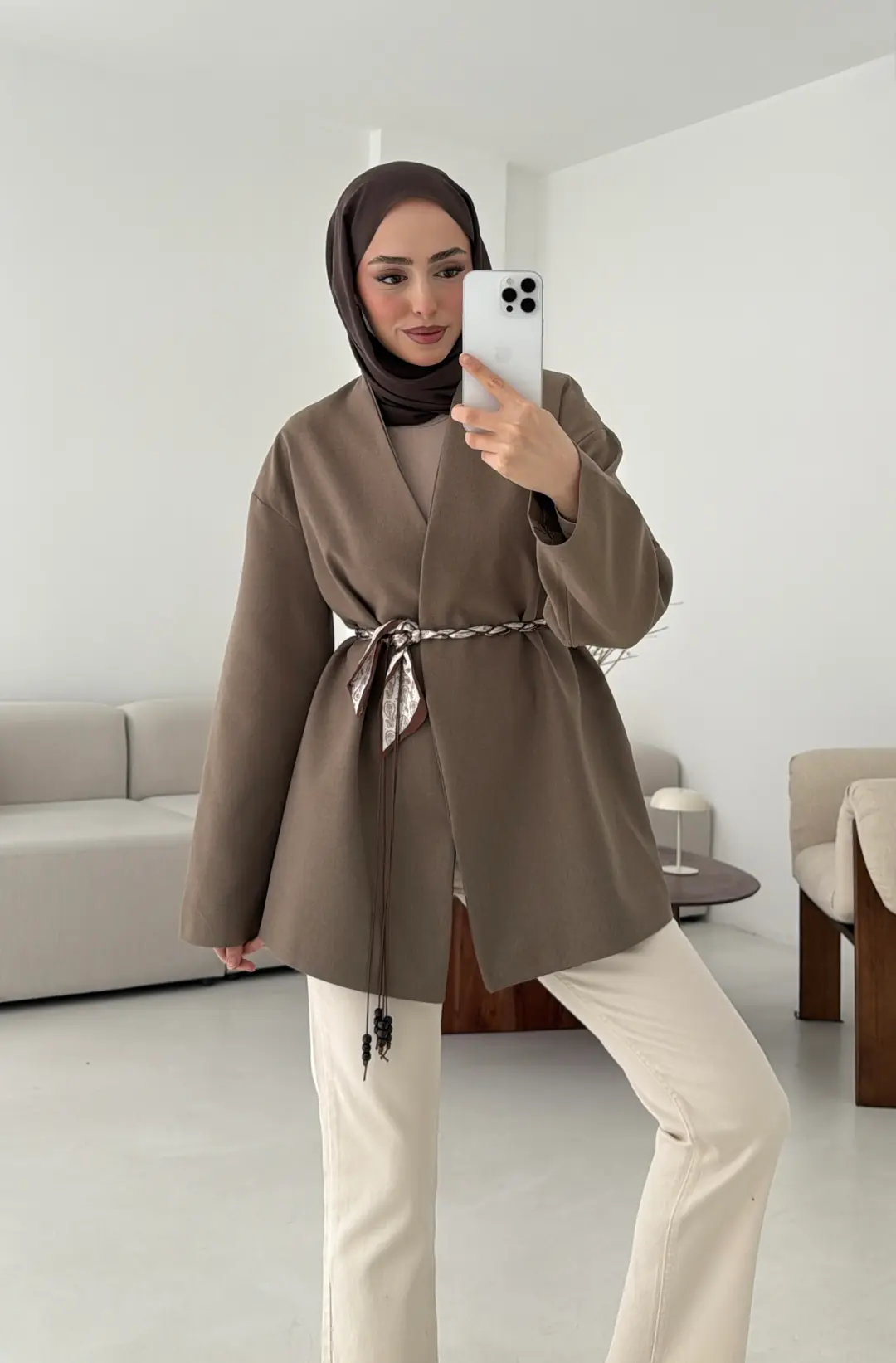 Örgü Kemer Detay Ceket Vizon - Görsel 3