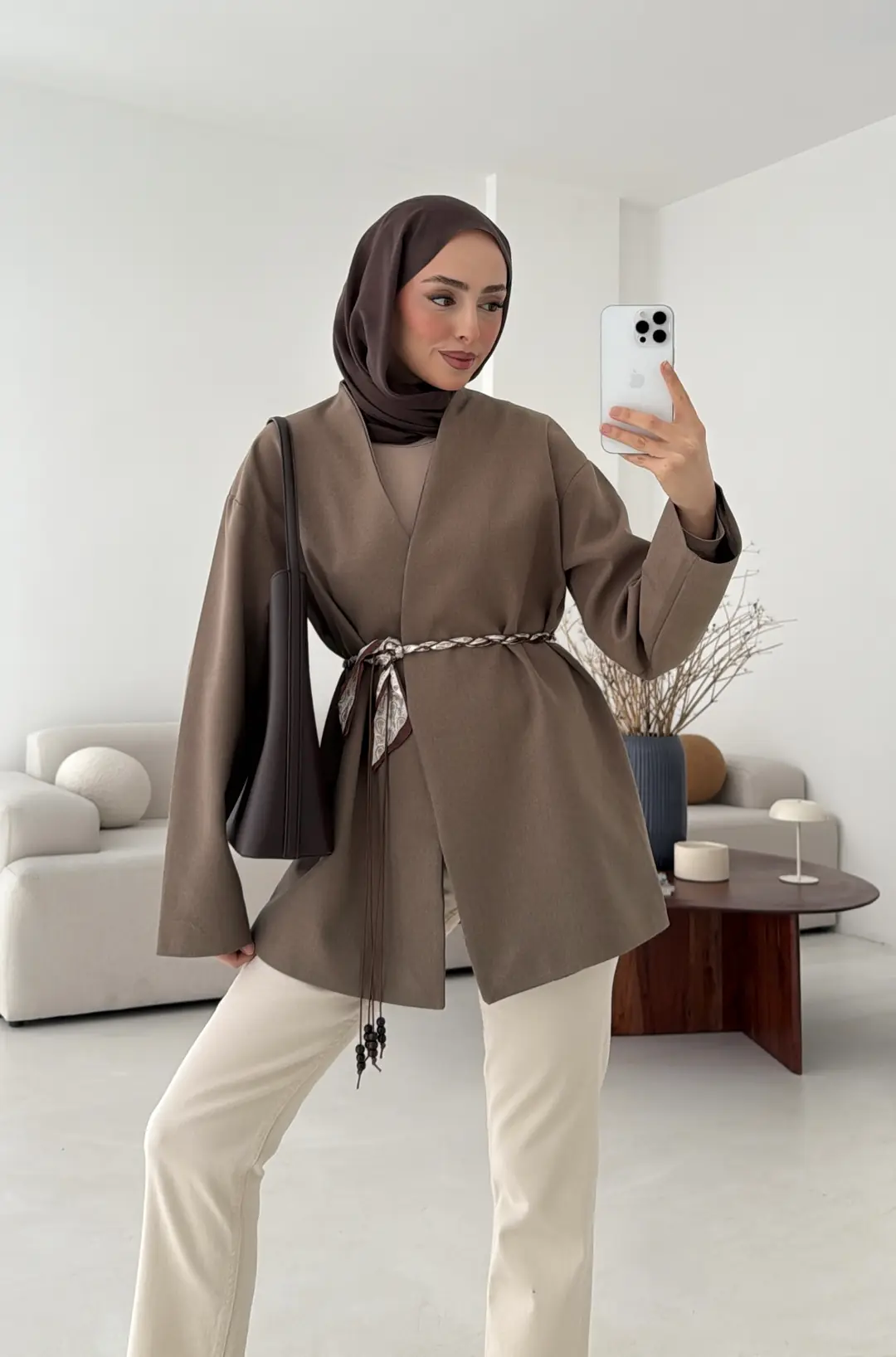 Örgü Kemer Detay Ceket Vizon - Görsel 6