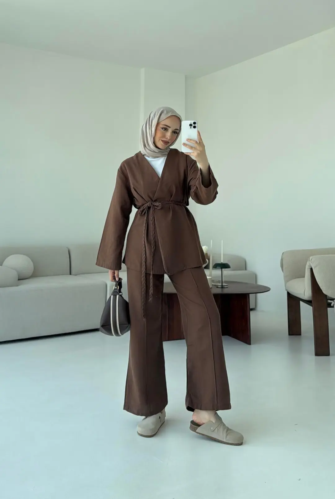 Örgü Kemer Takım Kahve