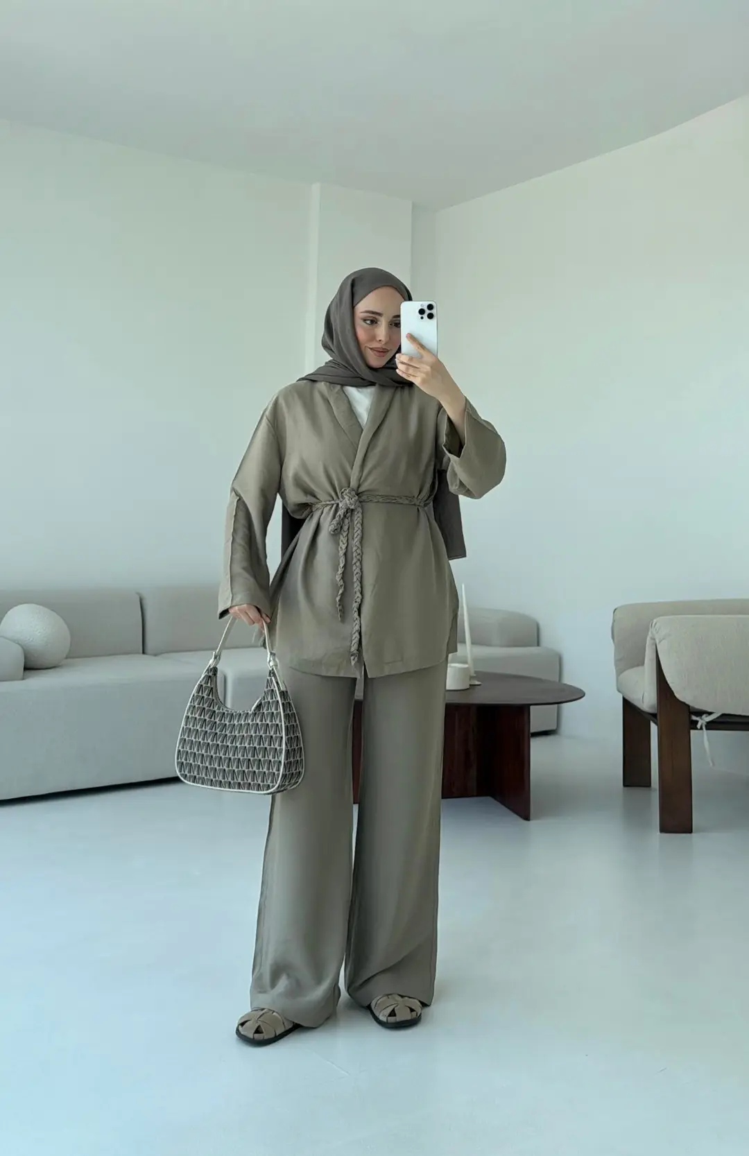 Örgü Kemerli Kimonolu Takım Haki - Görsel 2