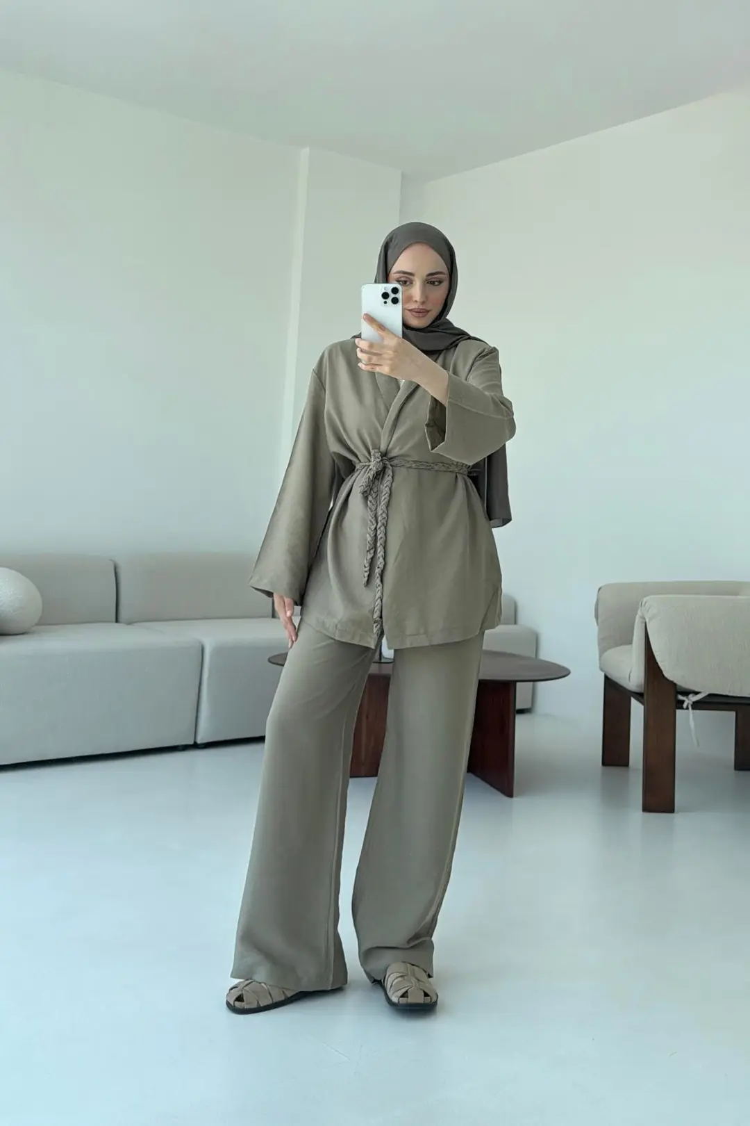 Örgü Kemerli Kimonolu Takım Haki - Görsel 3