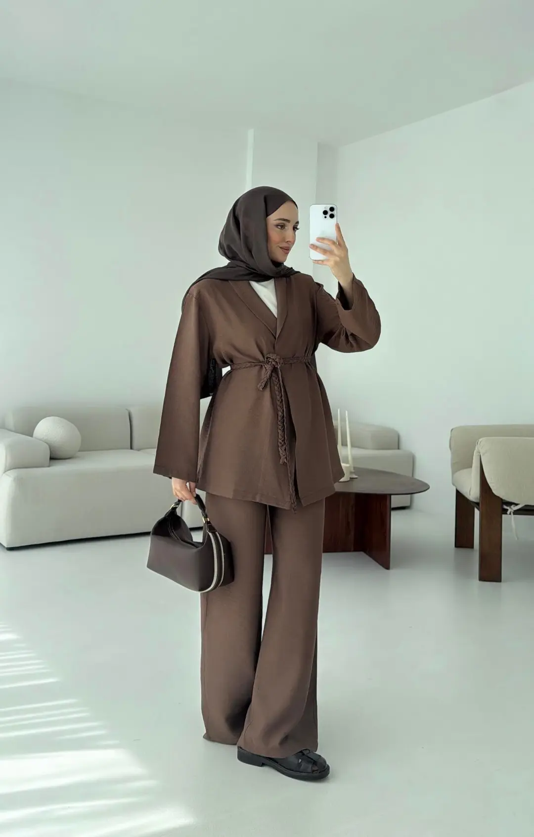 Örgü Kemerli Kimonolu Takım Kahve