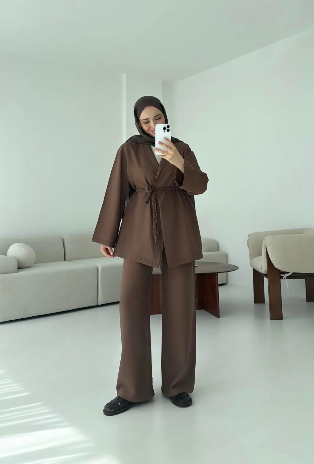 Örgü Kemerli Kimonolu Takım Kahve - Görsel 5