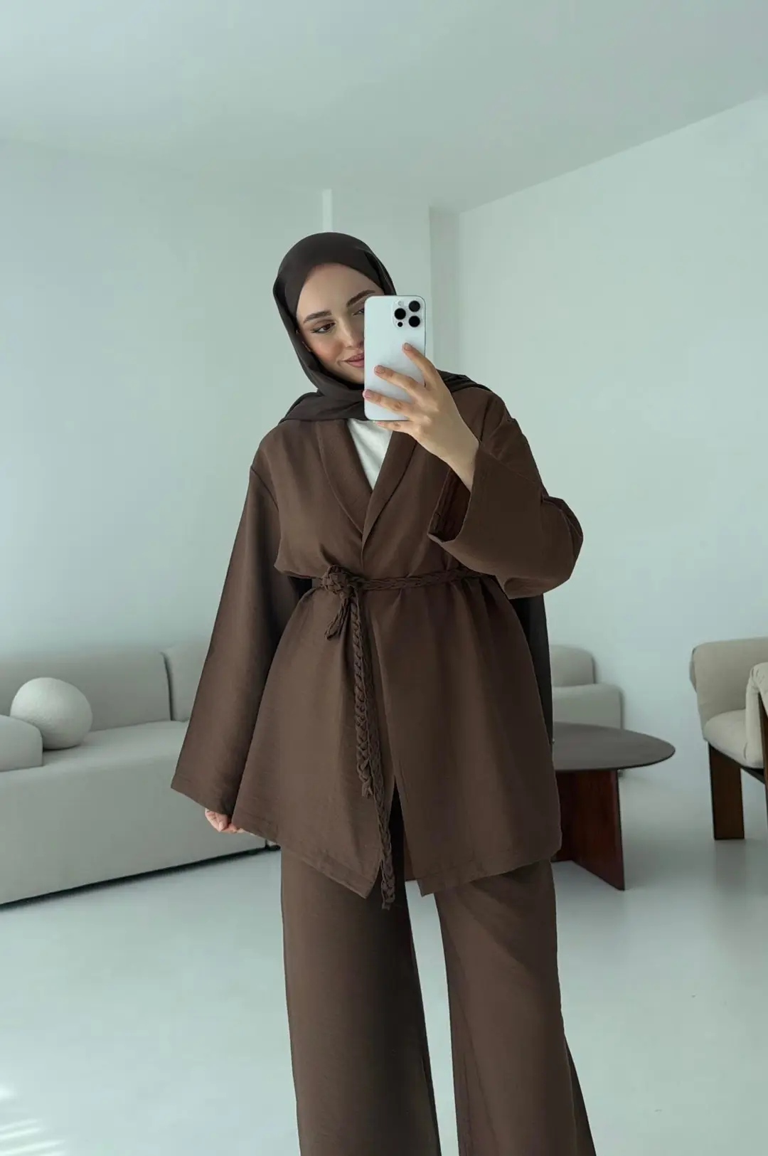 Örgü Kemerli Kimonolu Takım Kahve - Görsel 6