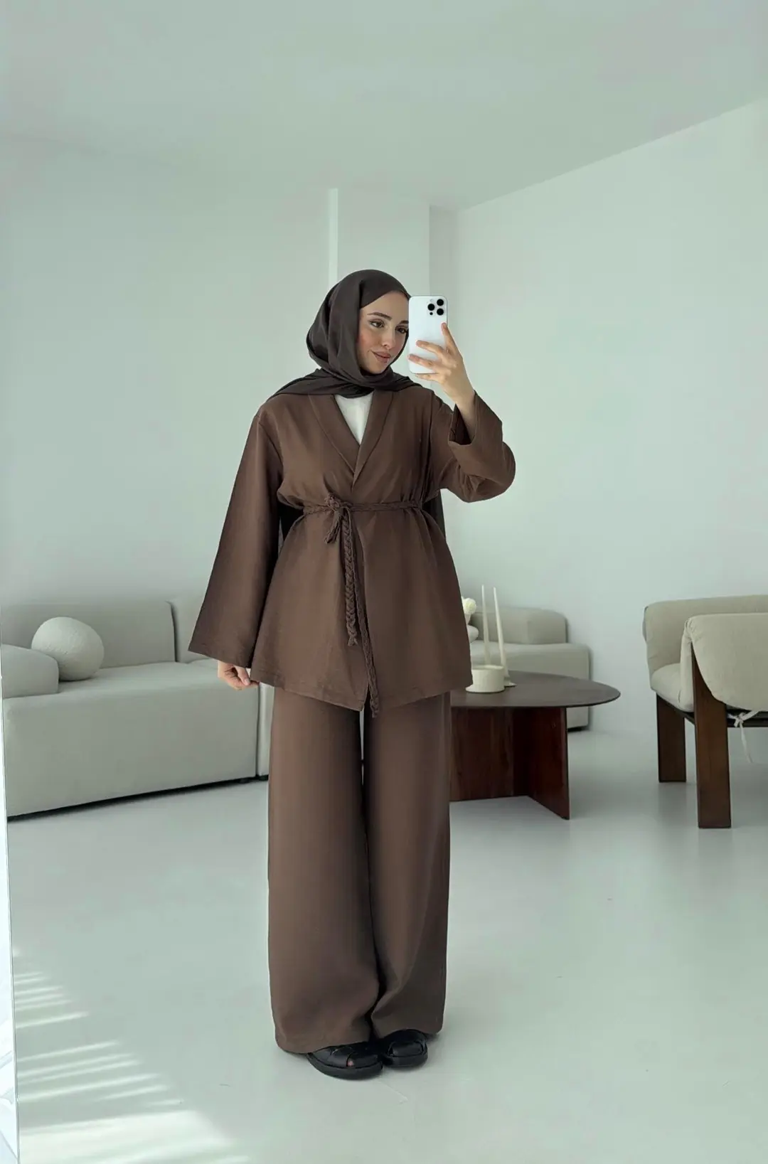 Örgü Kemerli Kimonolu Takım Kahve - Görsel 7