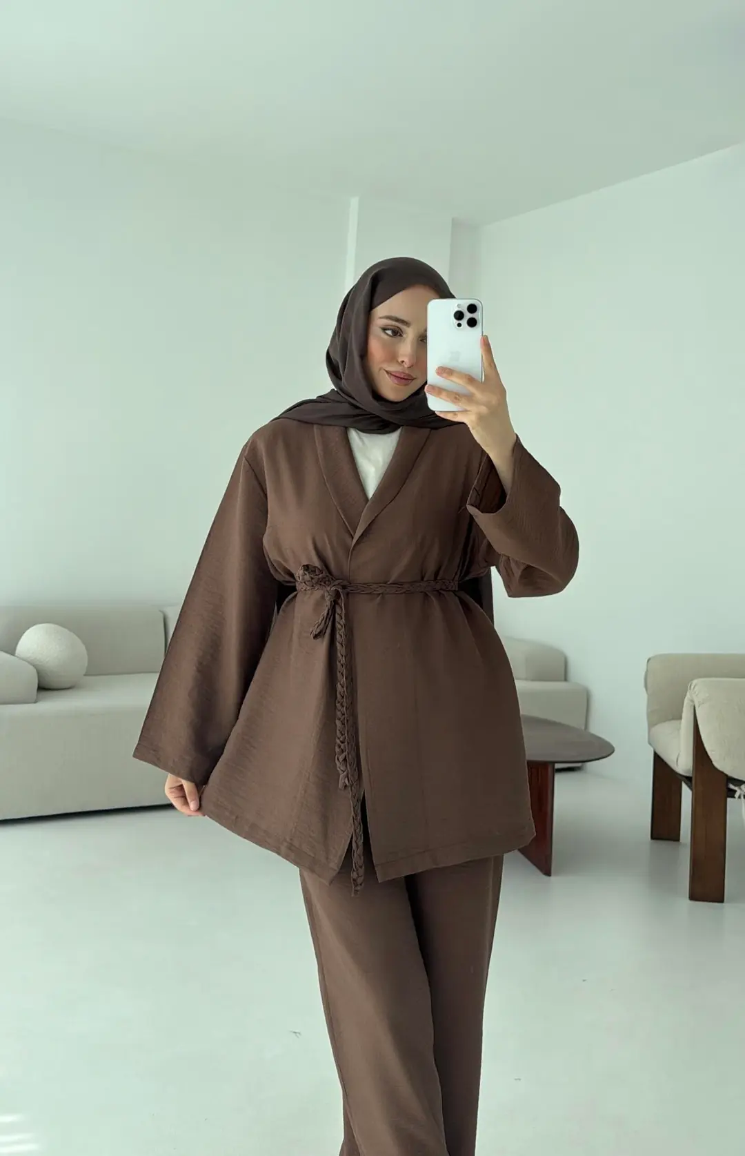 Örgü Kemerli Kimonolu Takım Kahve - Görsel 9