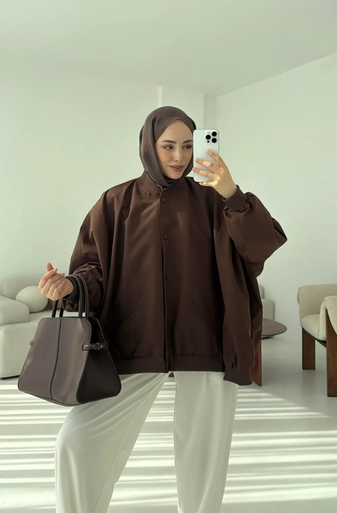 Overize Asimetrik Kesim Bomber Ceket Kahve - Görsel 4