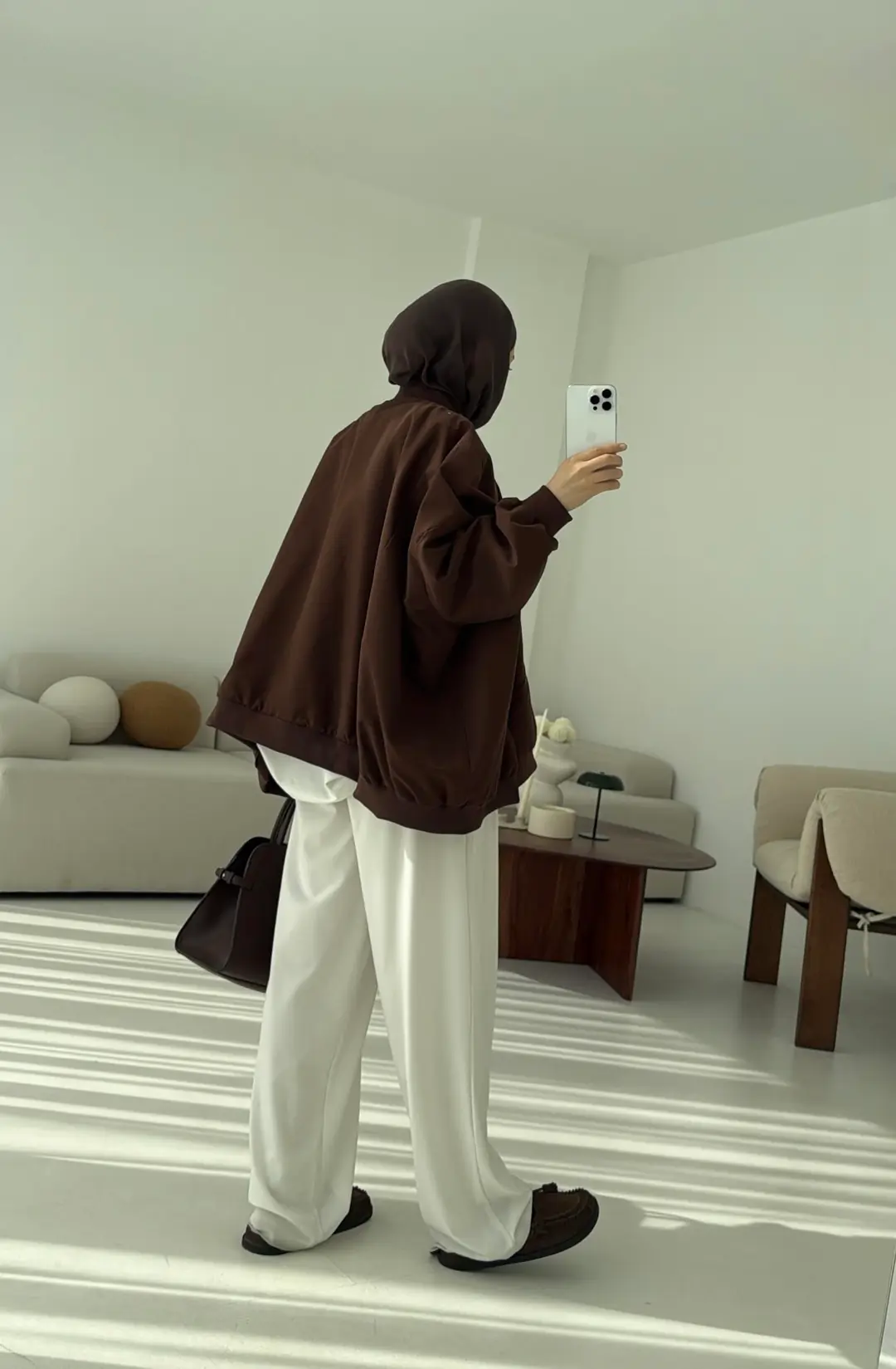 Overize Asimetrik Kesim Bomber Ceket Kahve - Görsel 8