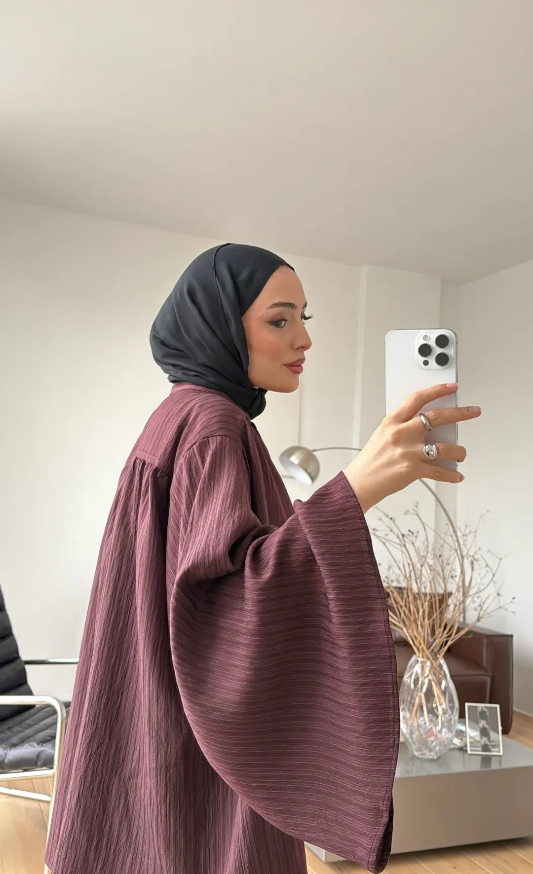 Oversize Geniş Kol Çizgili Takım Bordo - Görsel 3