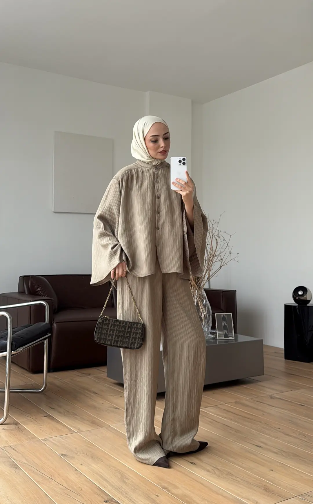 Oversize Geniş Kol Çizgili Takım Haki