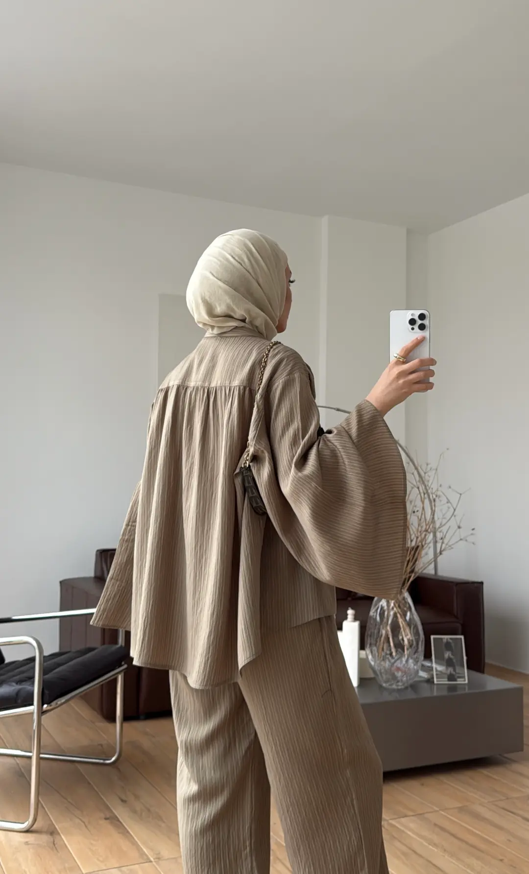 Oversize Geniş Kol Çizgili Takım Haki - Görsel 3