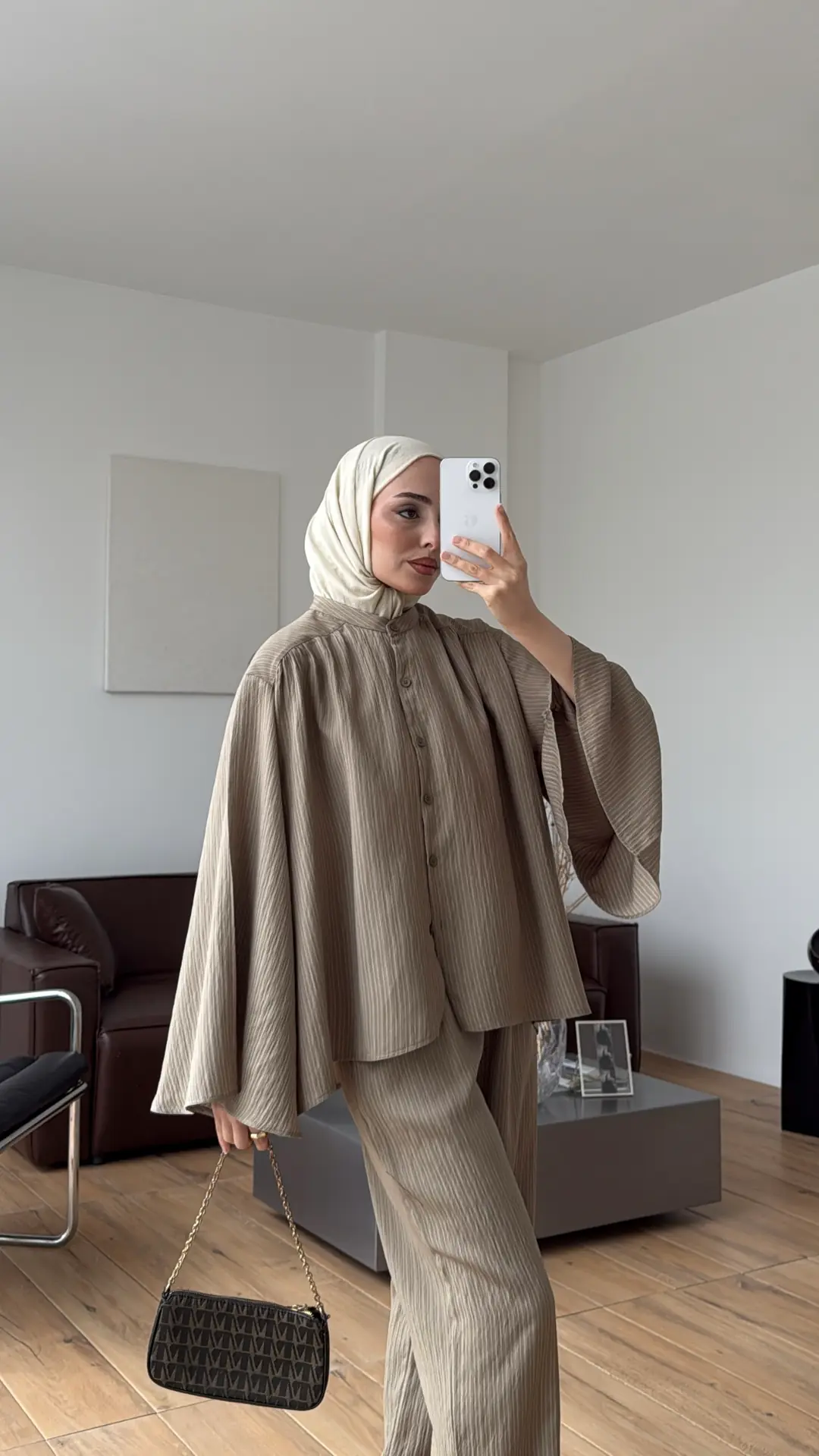 Oversize Geniş Kol Çizgili Takım Haki - Görsel 6