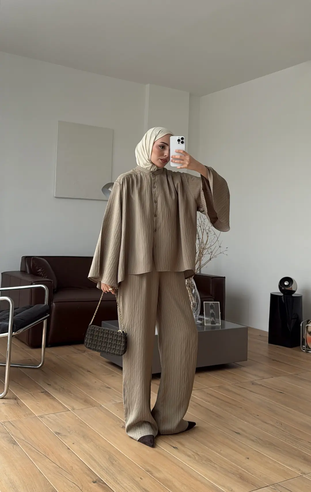 Oversize Geniş Kol Çizgili Takım Haki - Görsel 7