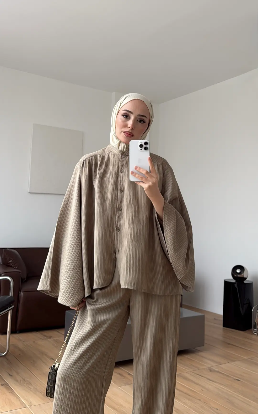 Oversize Geniş Kol Çizgili Takım Haki - Görsel 8