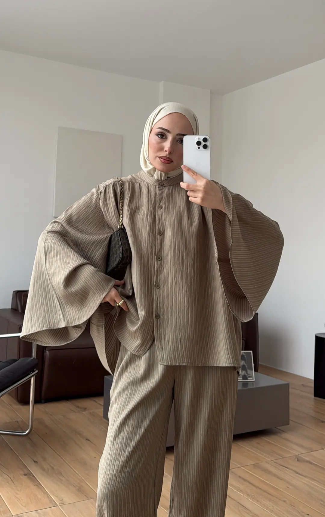 Oversize Geniş Kol Çizgili Takım Haki - Görsel 9