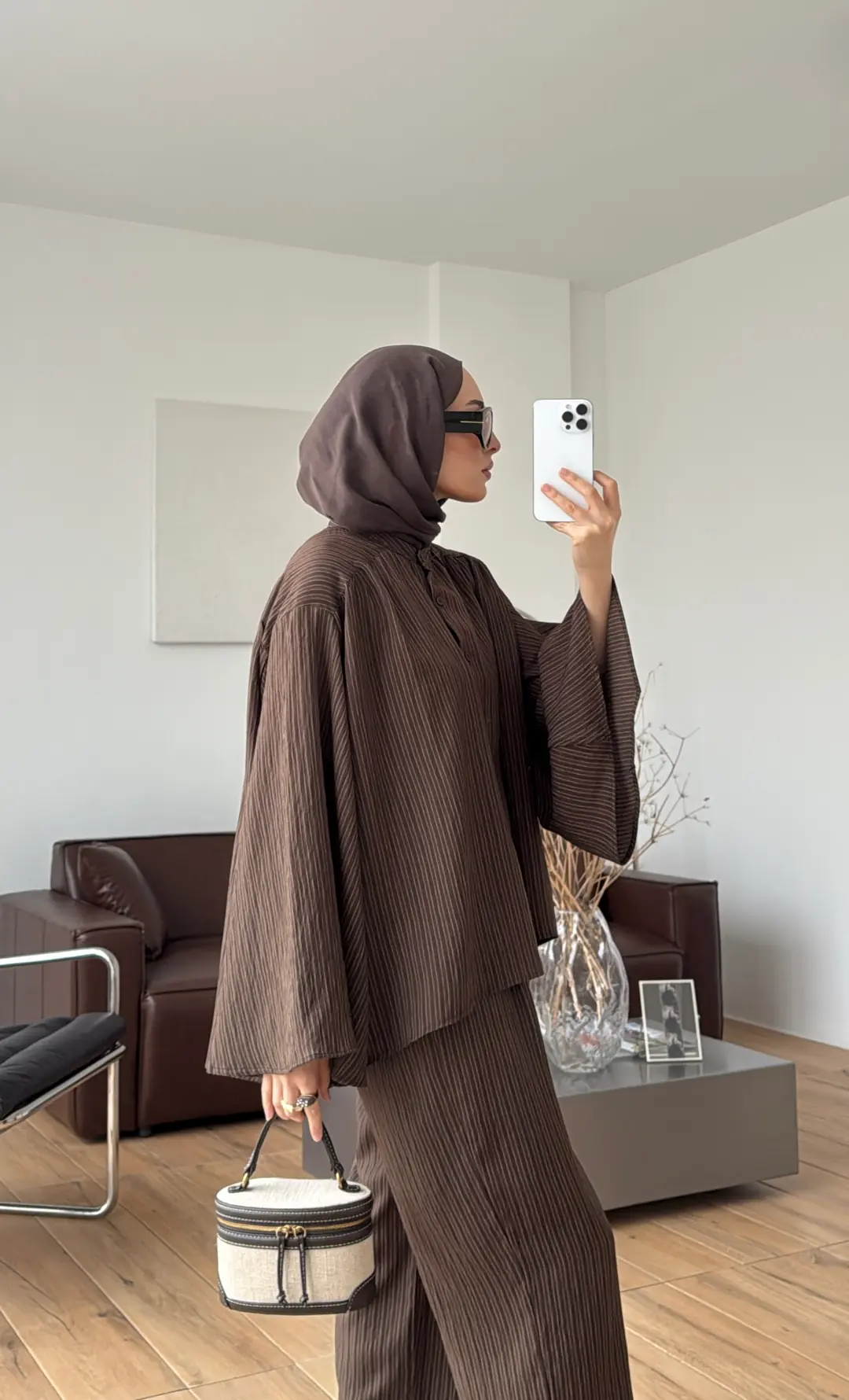 Oversize Geniş Kol Çizgili Takım Kahve - Görsel 2