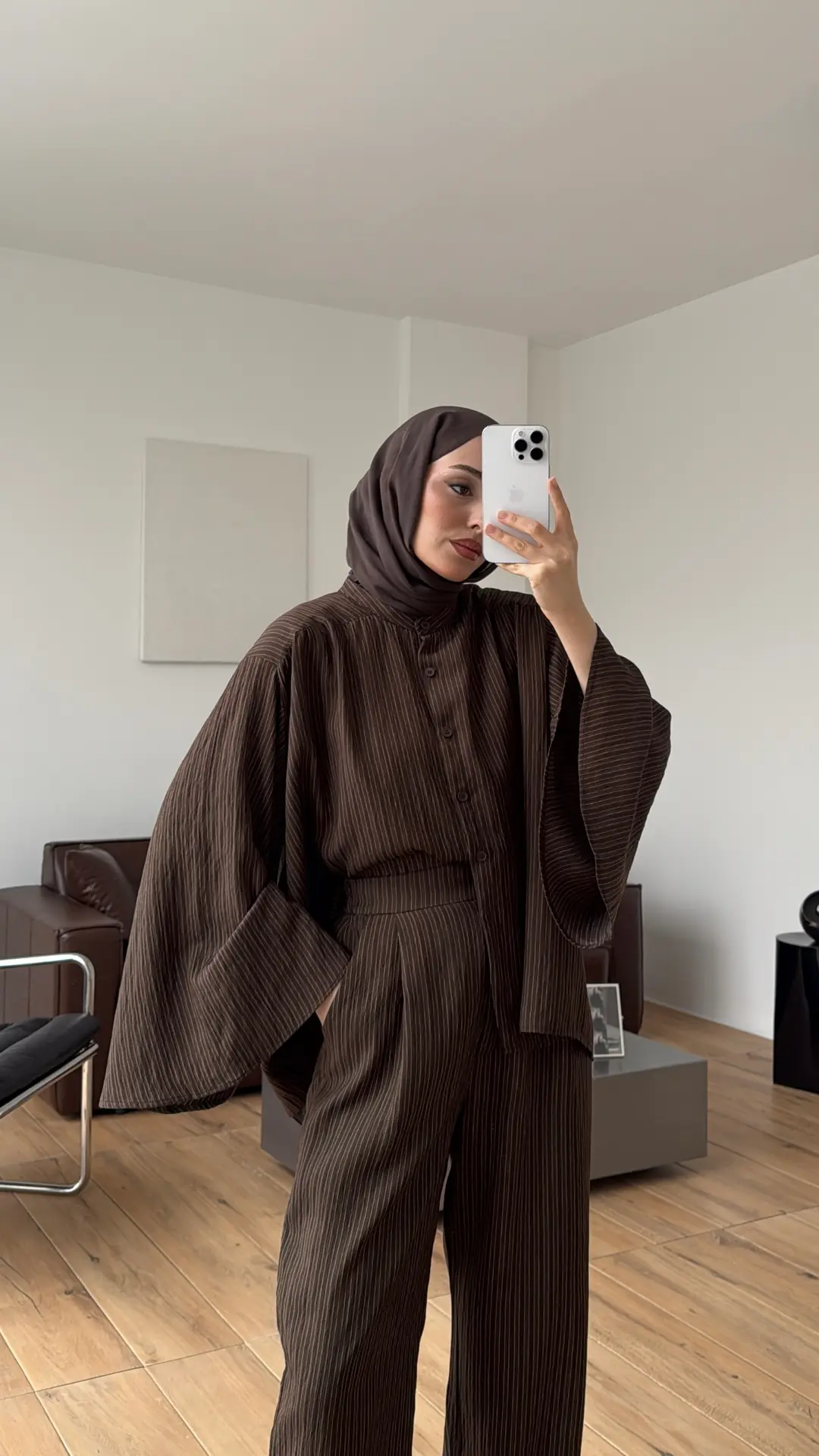 Oversize Geniş Kol Çizgili Takım Kahve - Görsel 3