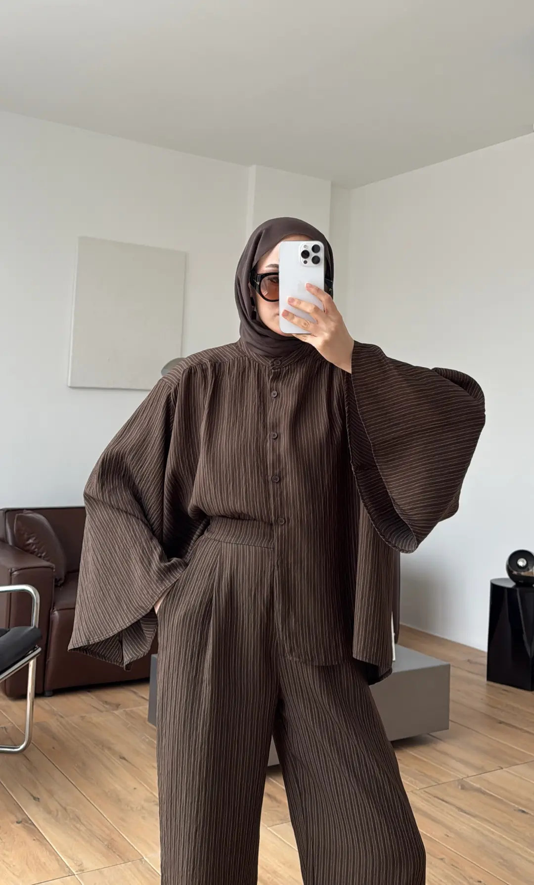 Oversize Geniş Kol Çizgili Takım Kahve - Görsel 5