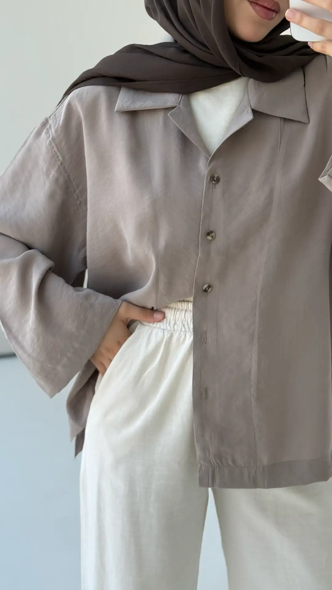 Oversize Gömlek Vizon - Görsel 7