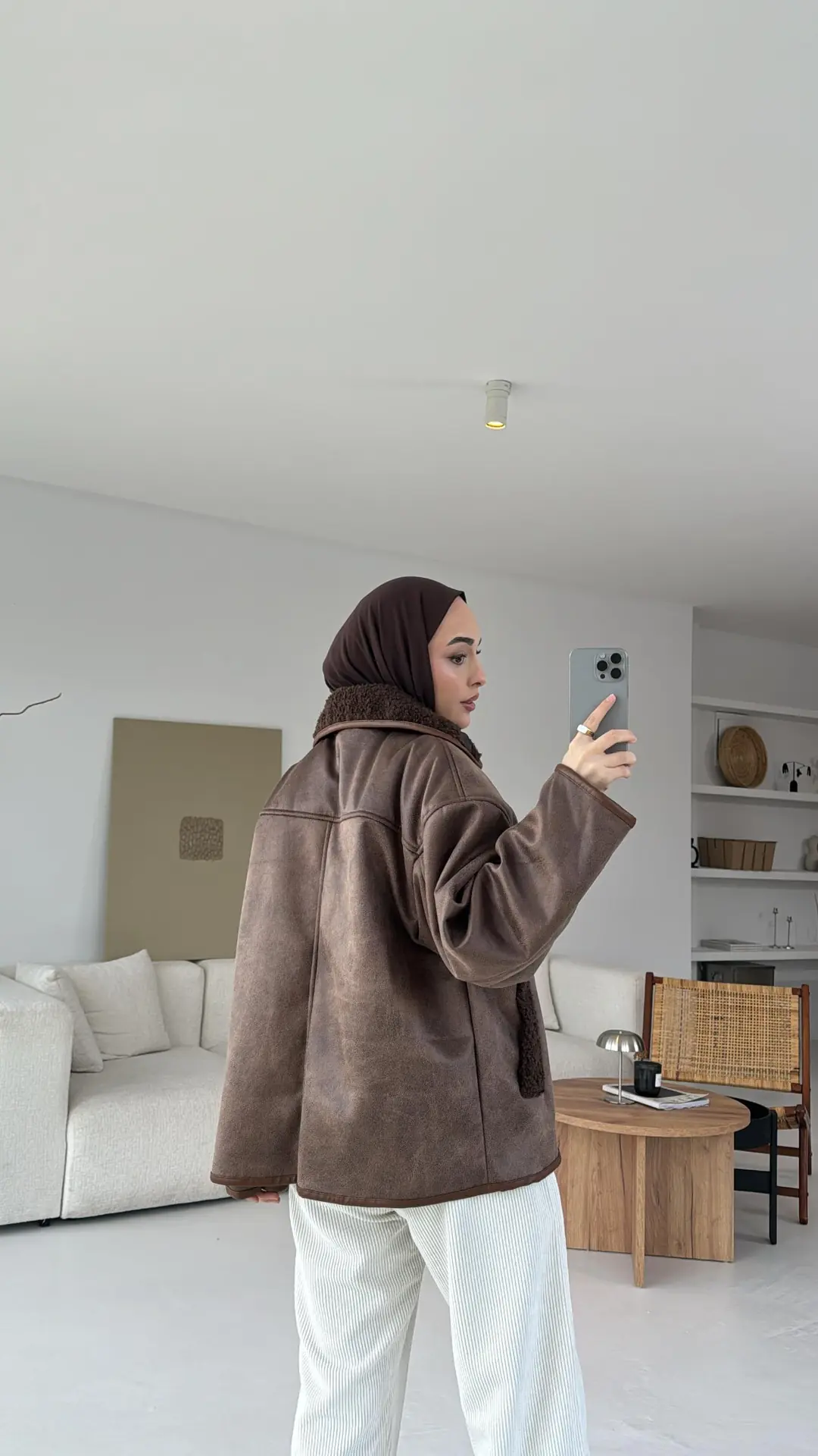 Oversize İçi Kürklü Kaban Kahve - Görsel 3