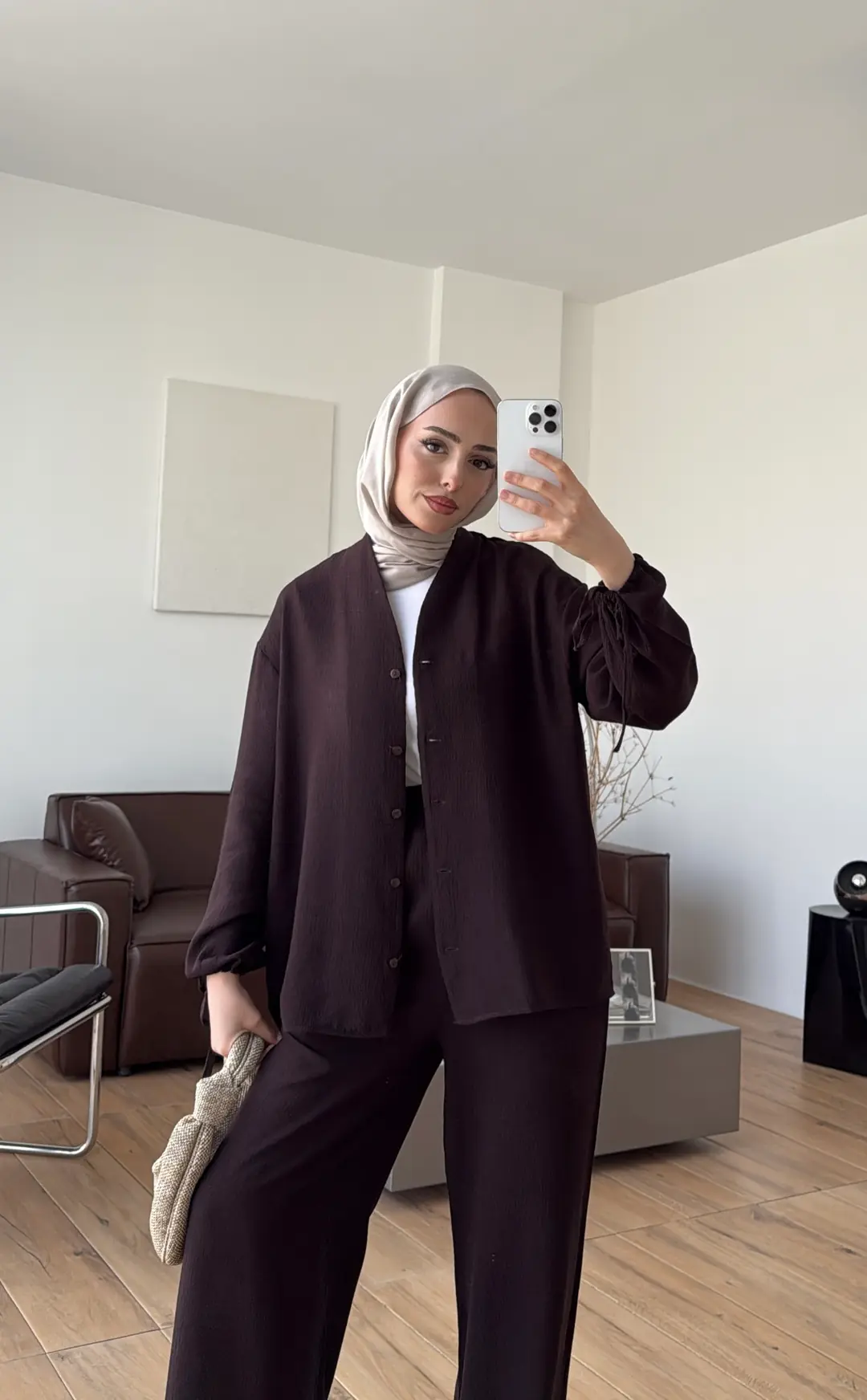 Oversize Kol Bagcıklı Takım Kahve - Görsel 5