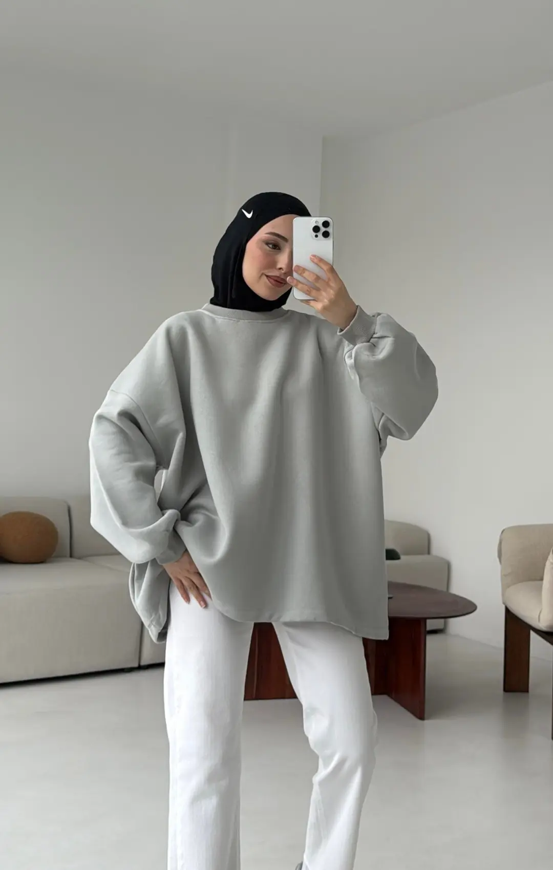 Oversize Şardonlu Sweatshirt Gri