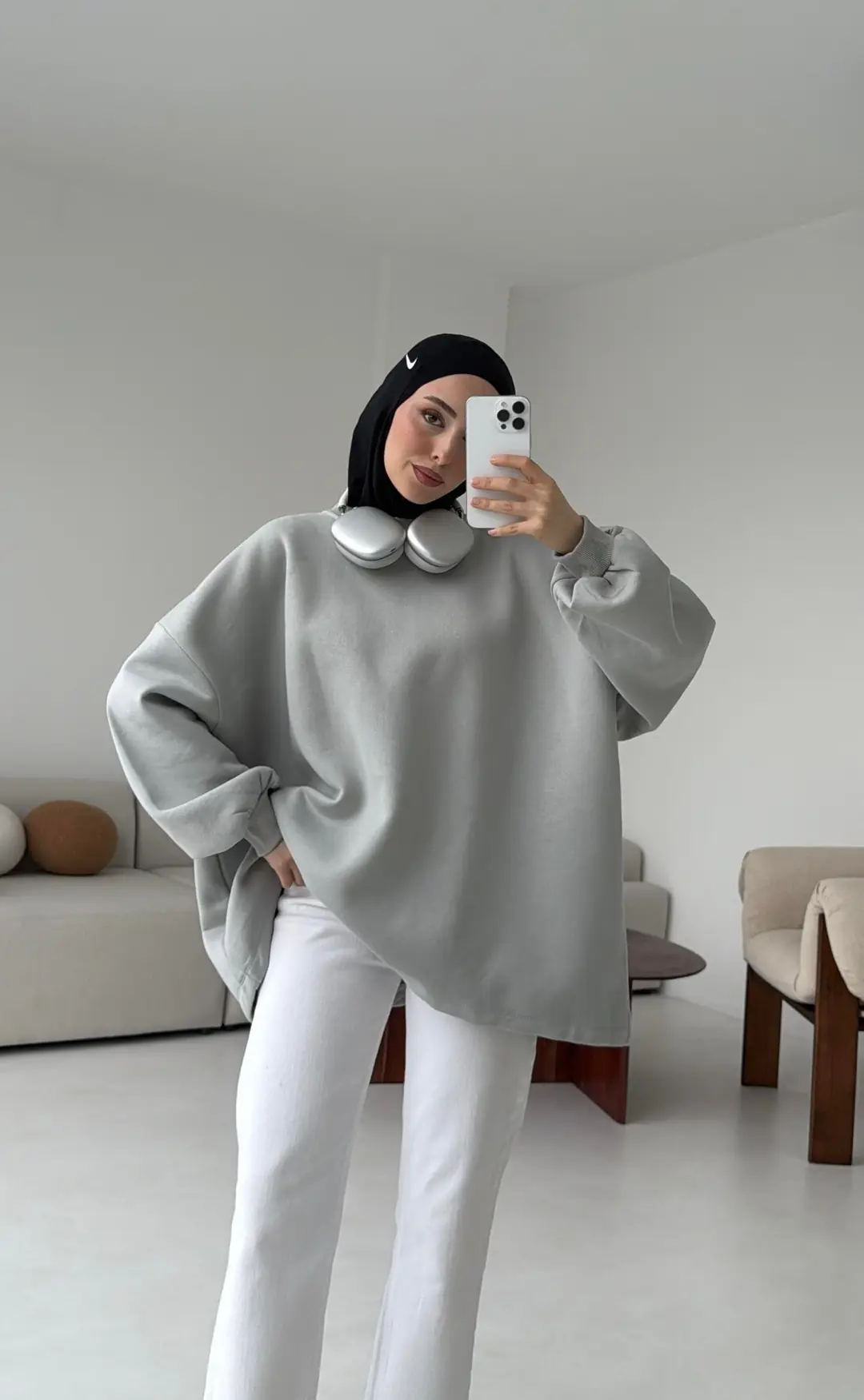 Oversize Şardonlu Sweatshirt Gri - Görsel 3