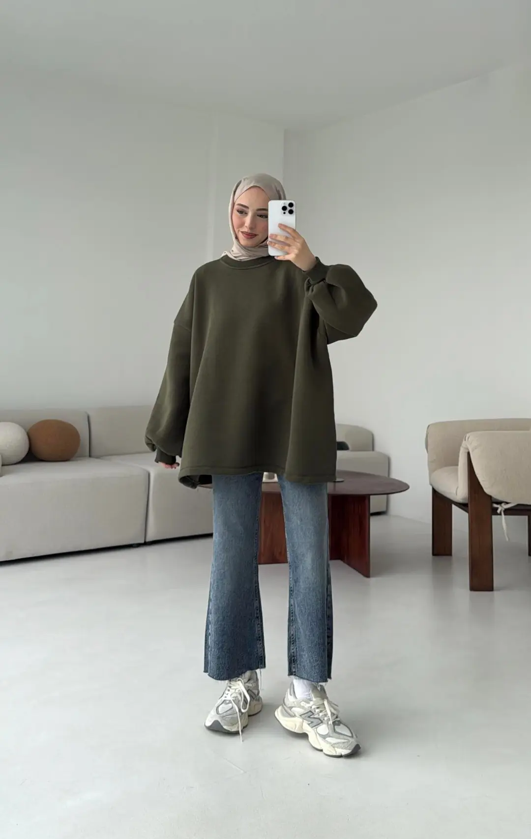 Oversize Şardonlu Sweatshirt Haki