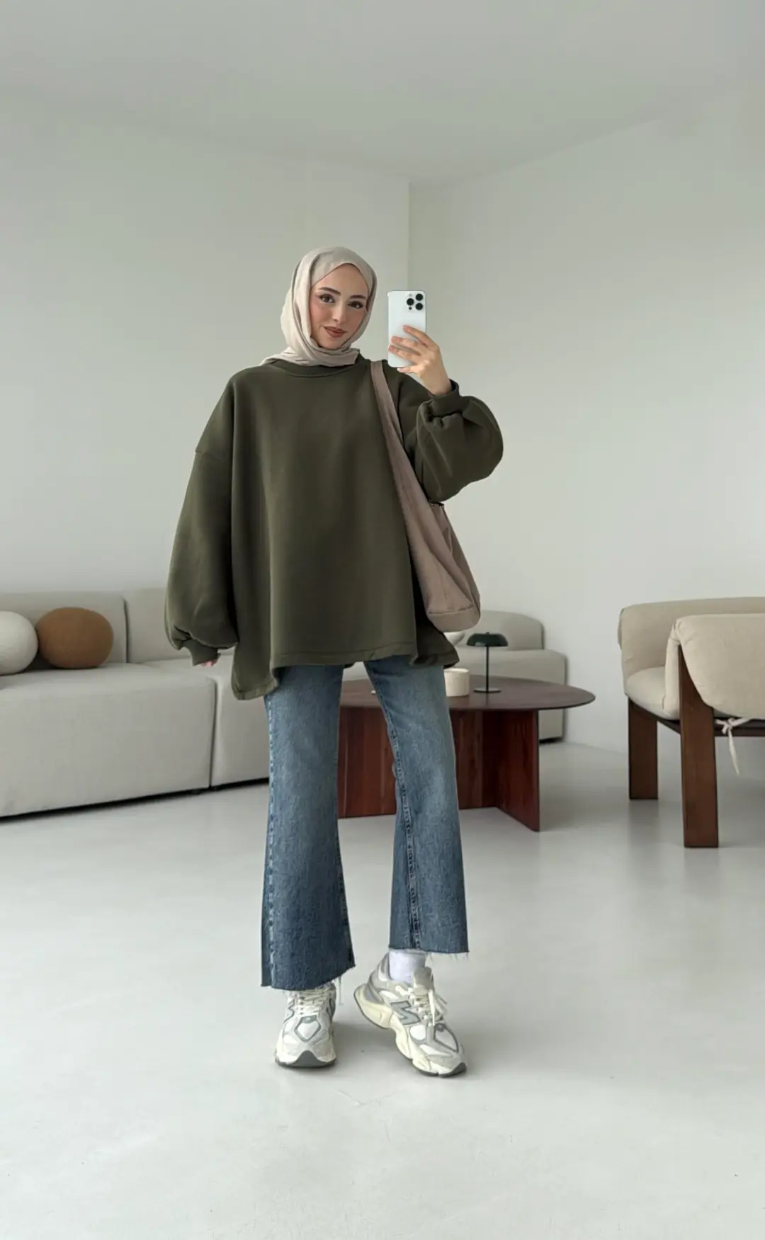 Oversize Şardonlu Sweatshirt Haki - Görsel 3