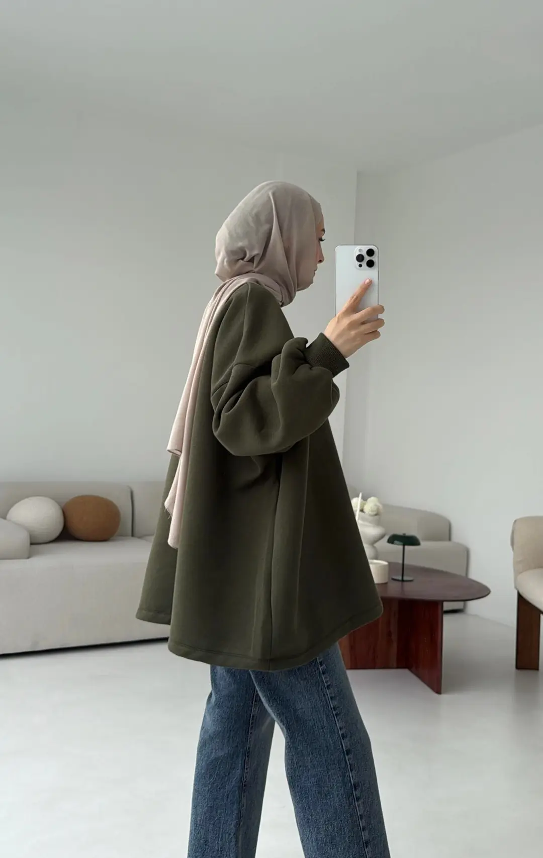 Oversize Şardonlu Sweatshirt Haki - Görsel 6