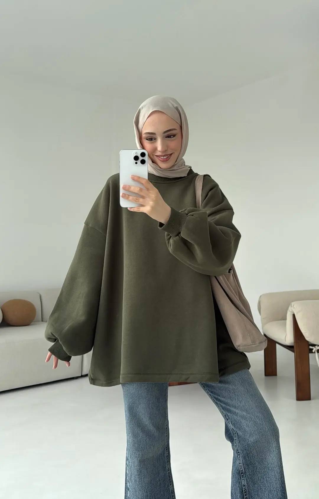 Oversize Şardonlu Sweatshirt Haki - Görsel 9