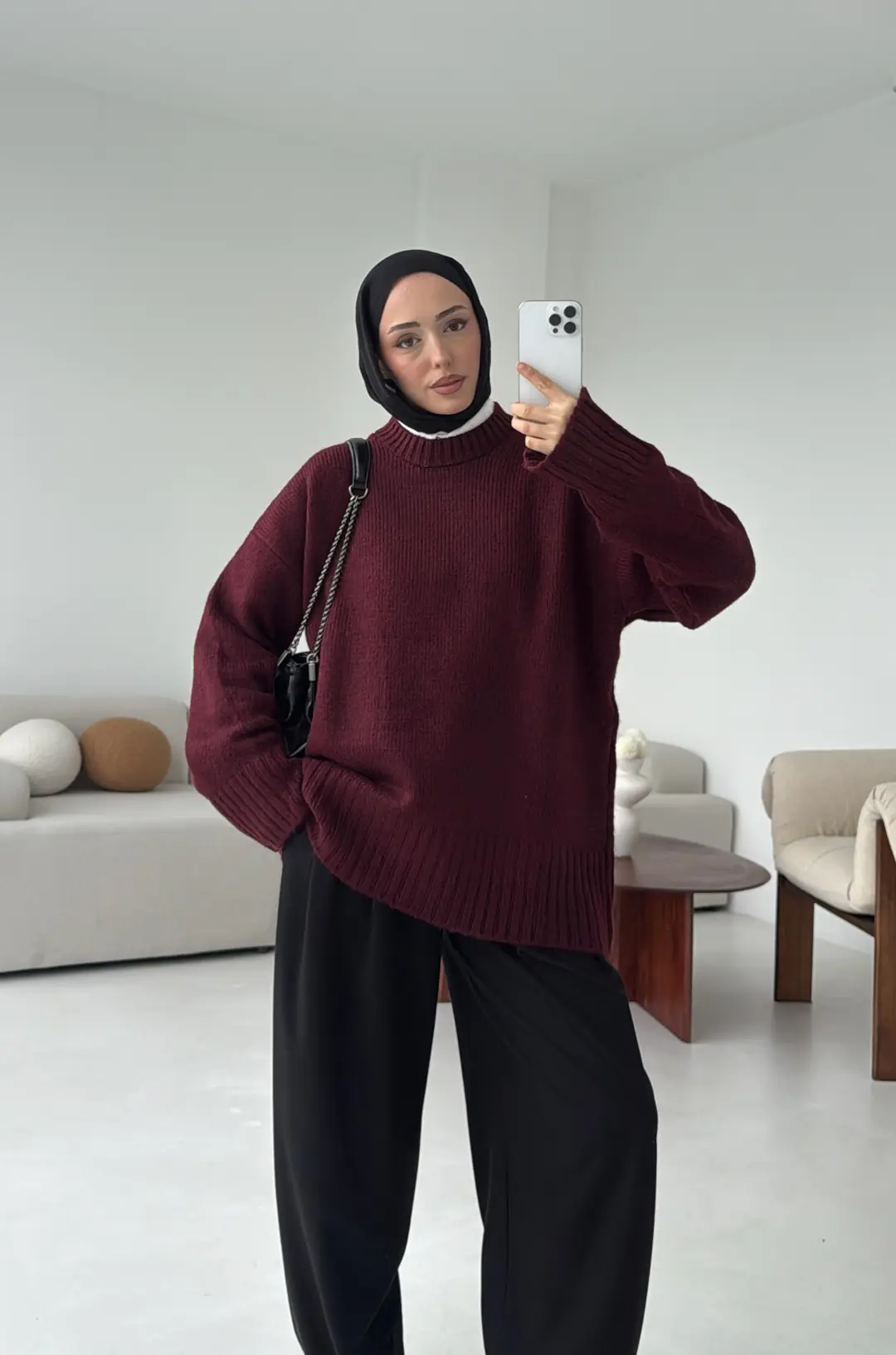 Oversize Soft Triko Kazak Bordo - Görsel 7