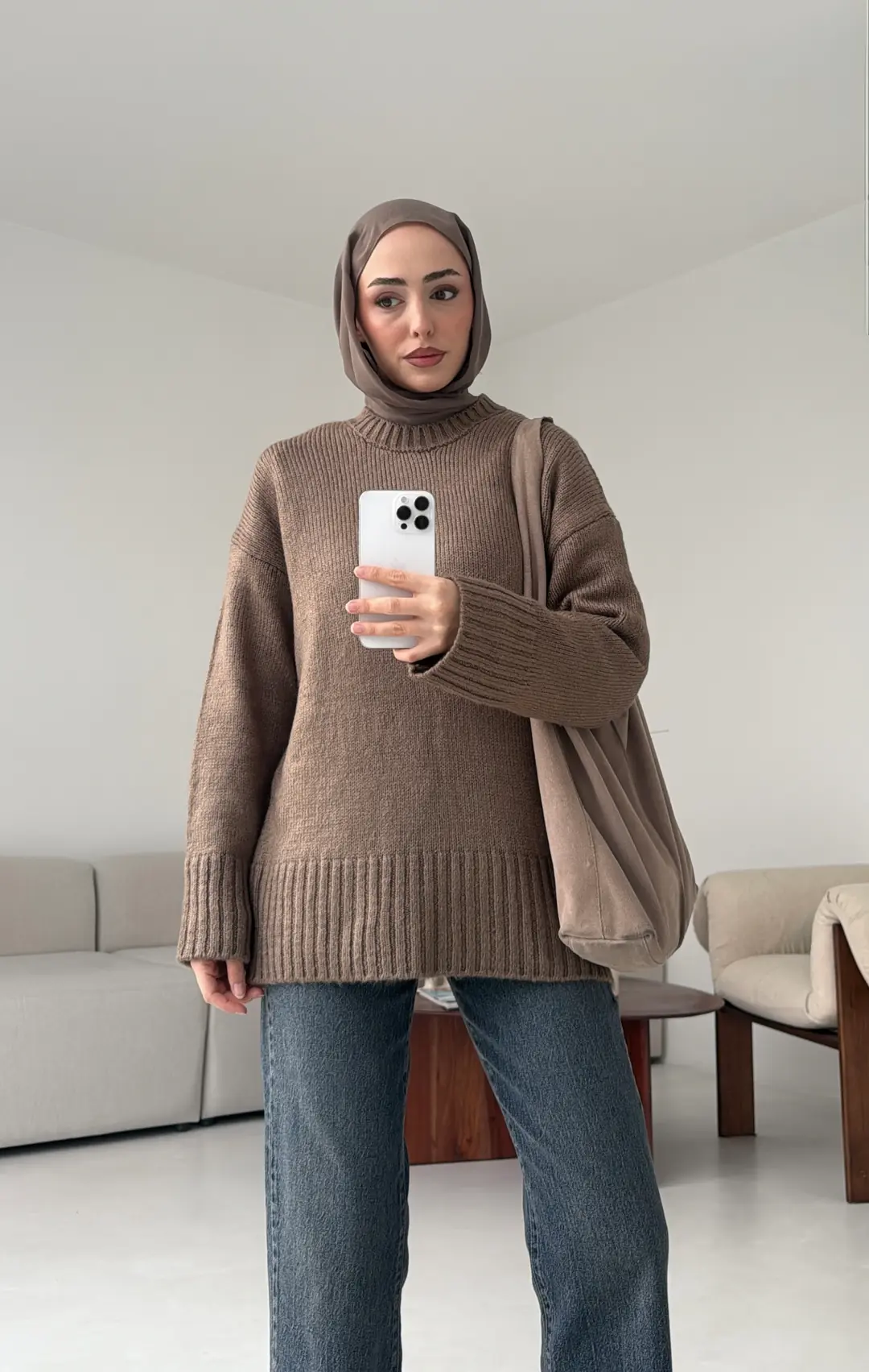 Oversize Soft Triko Kazak Koyu Vizon - Görsel 3